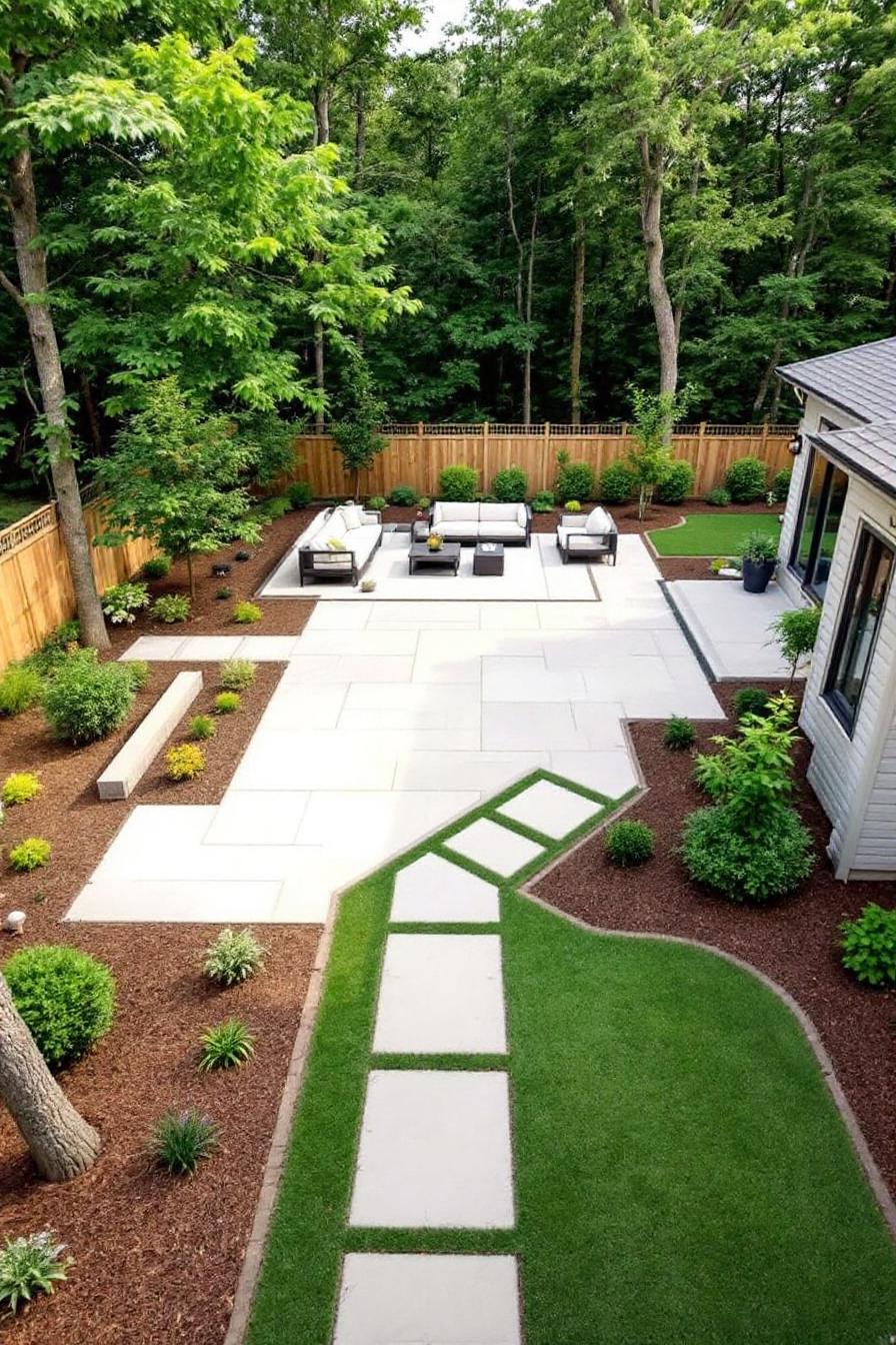 Spacious backyard with modern patio seating and lush greenery