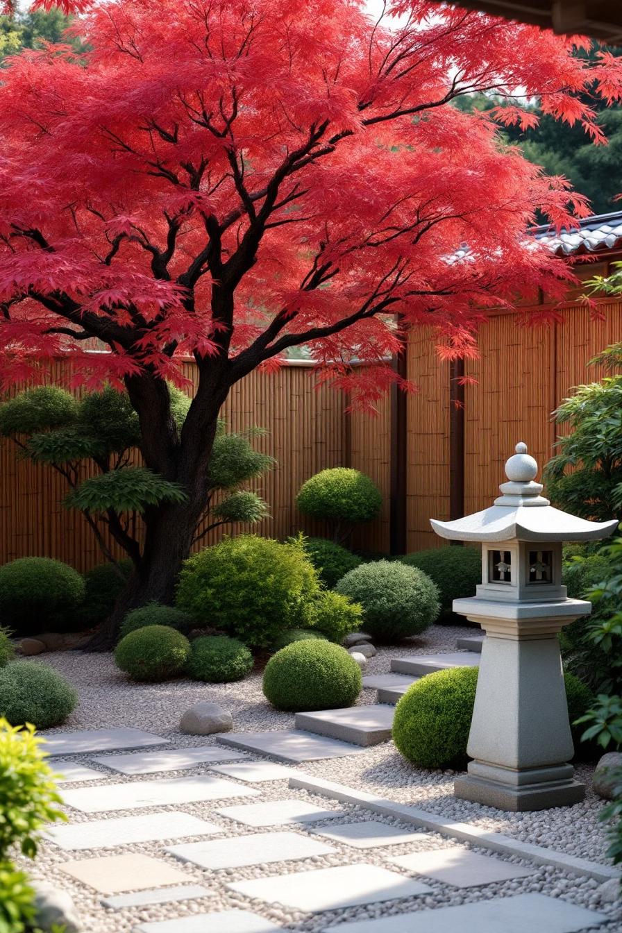 Japanese maple tree in lush garden with stone lantern and path