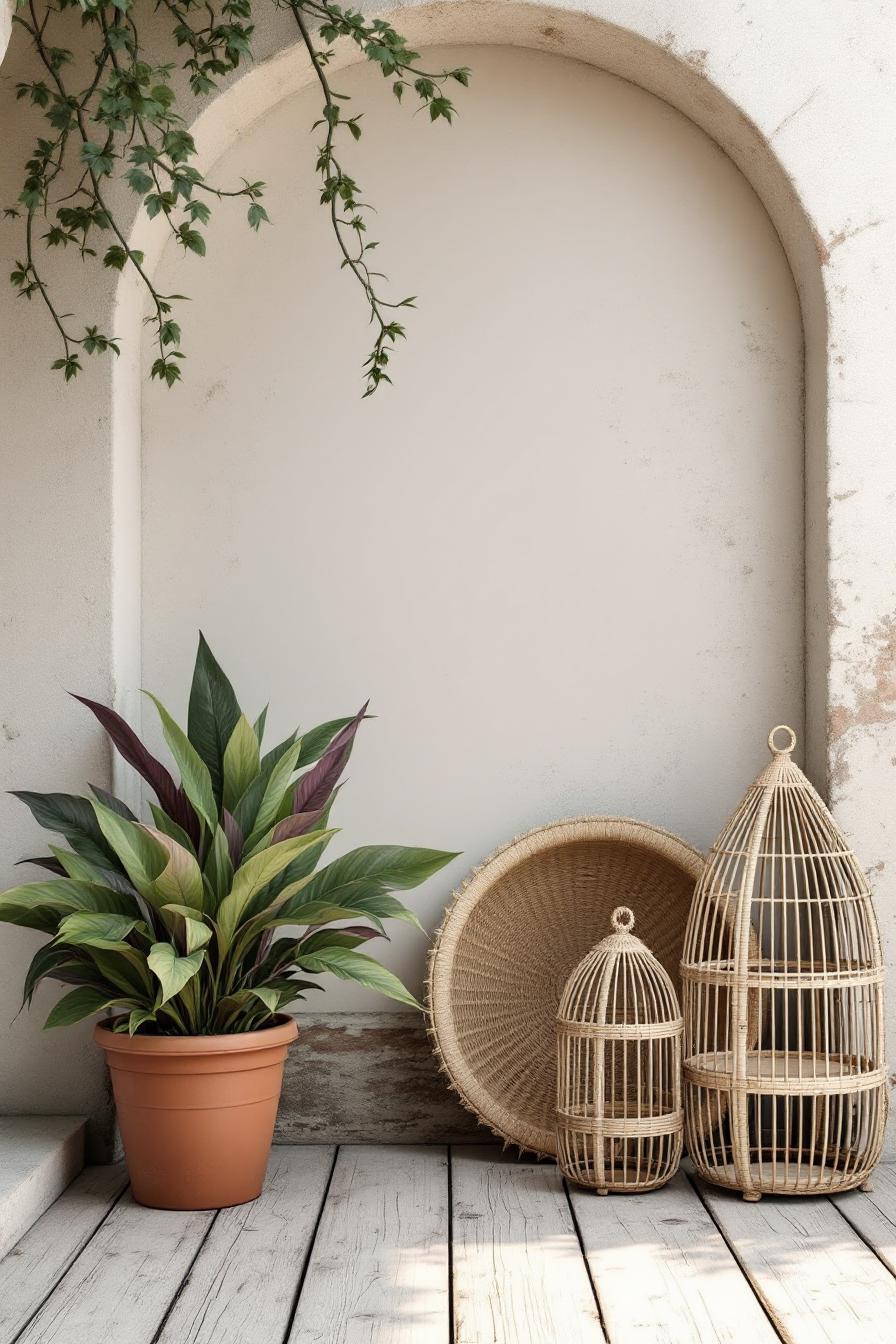 Potted plant with wicker baskets in a rustic setting