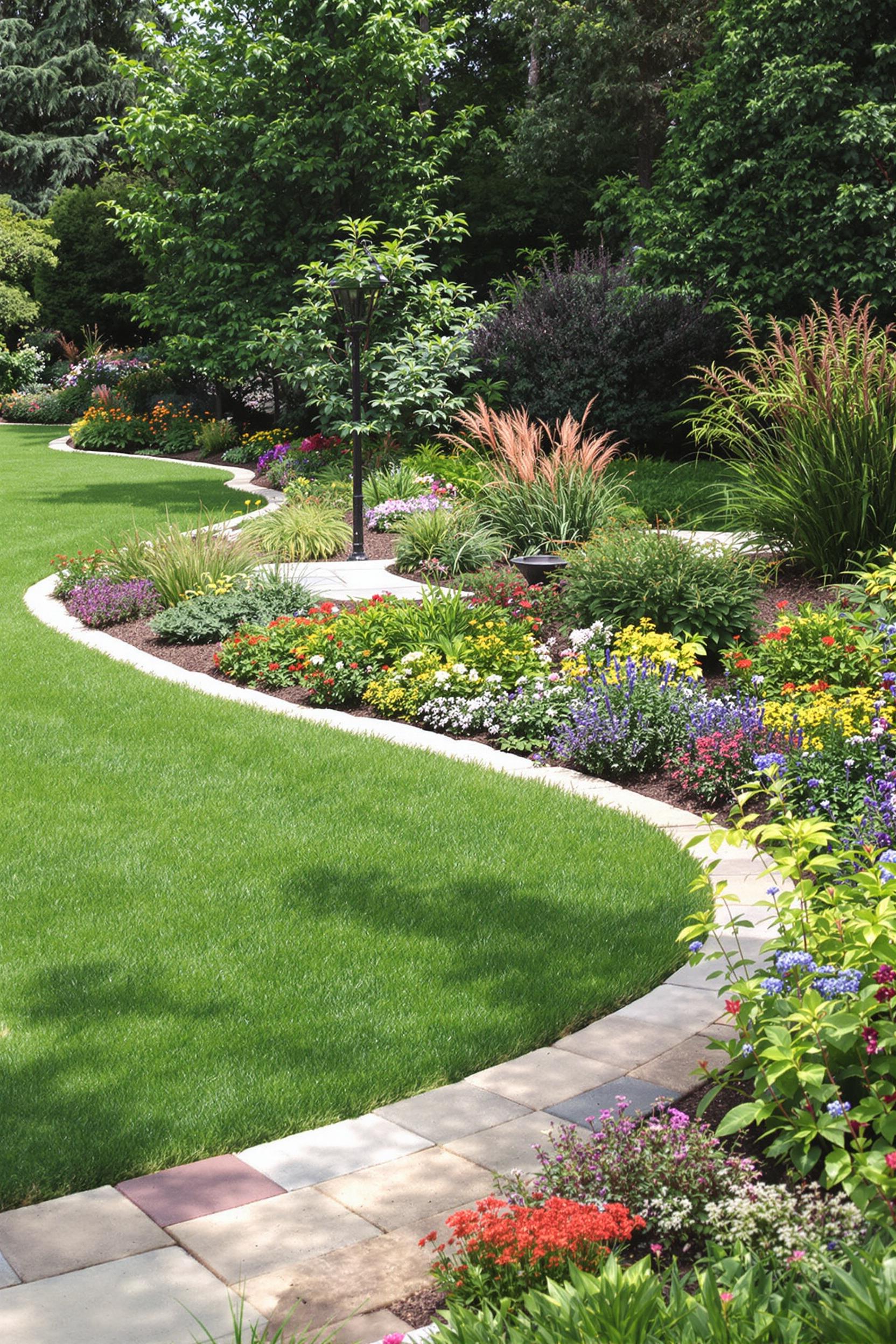 Colorful flowers line a curved garden path