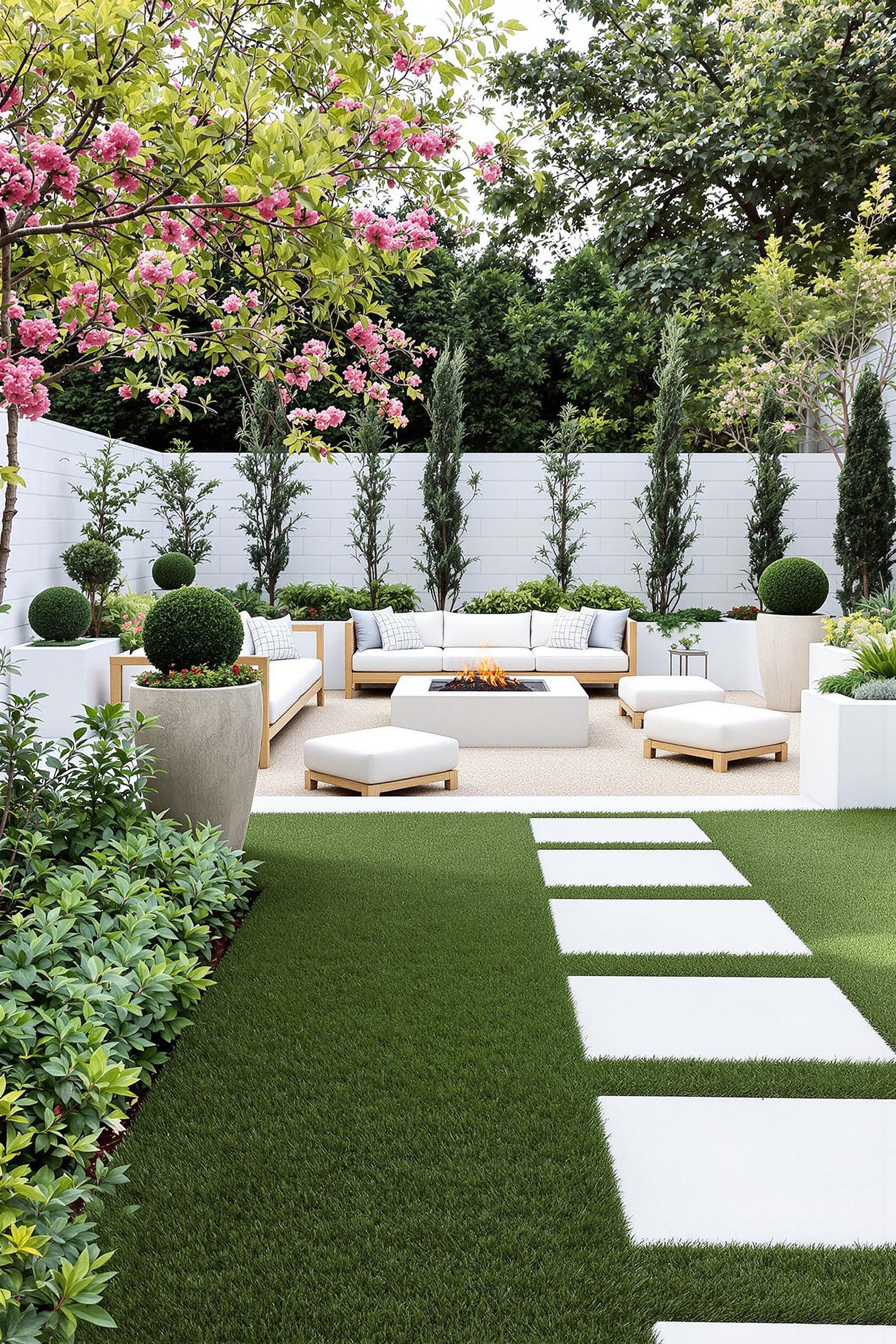 Fire pit with outdoor seating and lush greenery