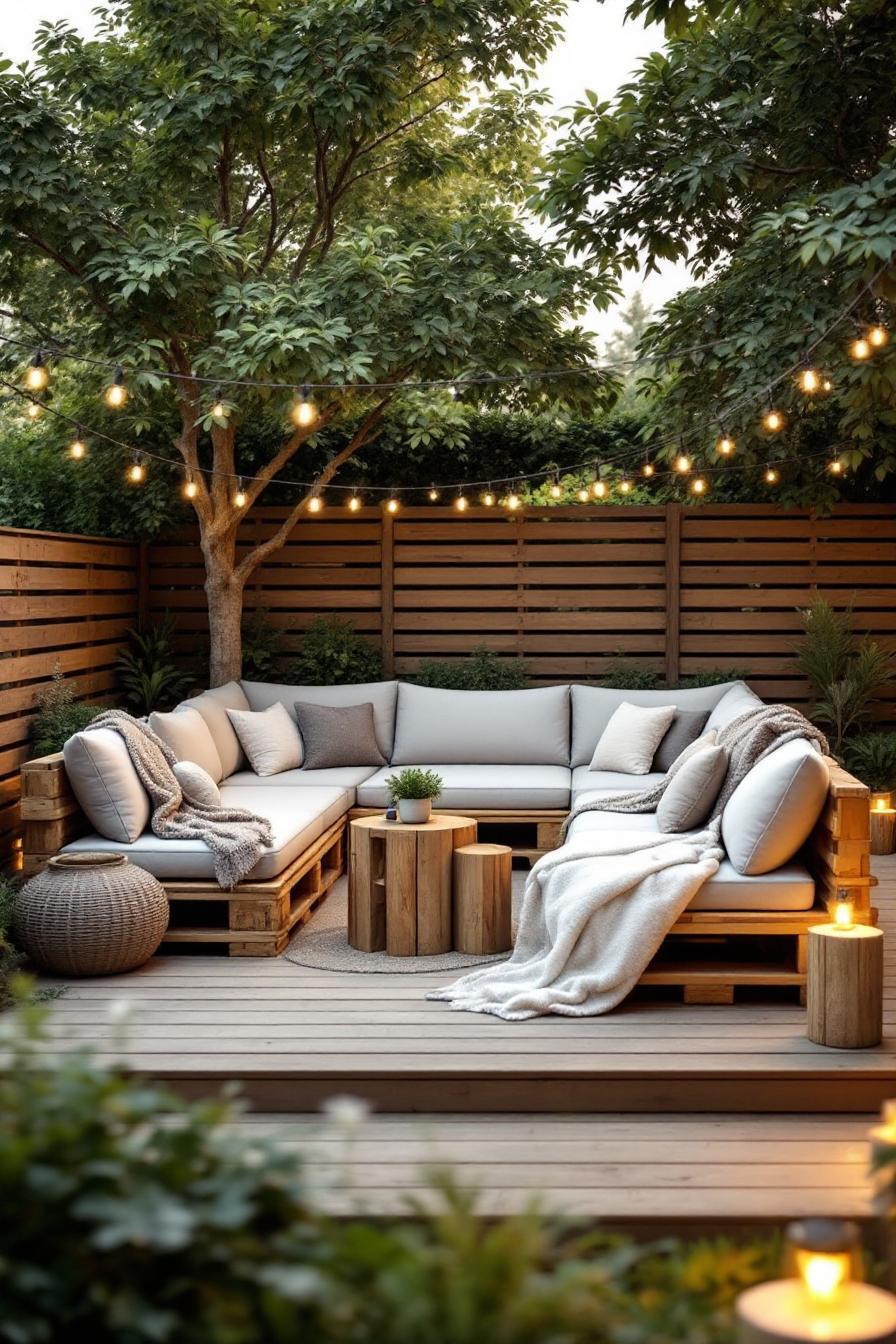 Cozy outdoor patio with pallet furniture and string lights