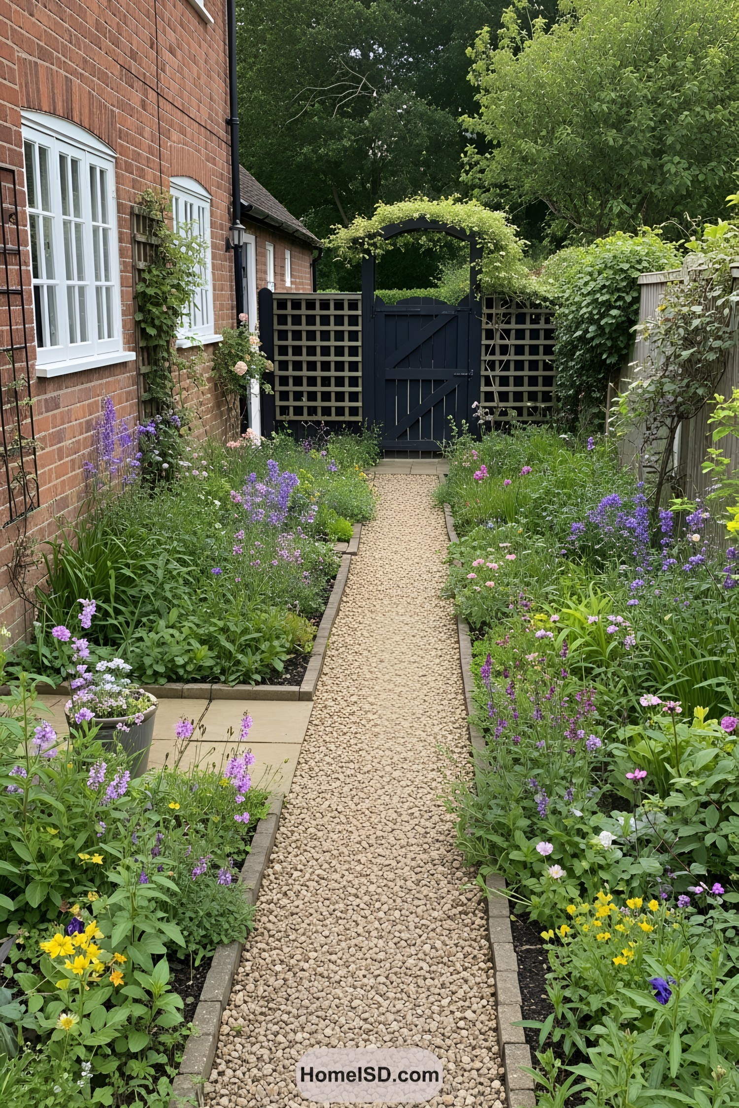 Colorful flowers lining a gravel path by a brick house