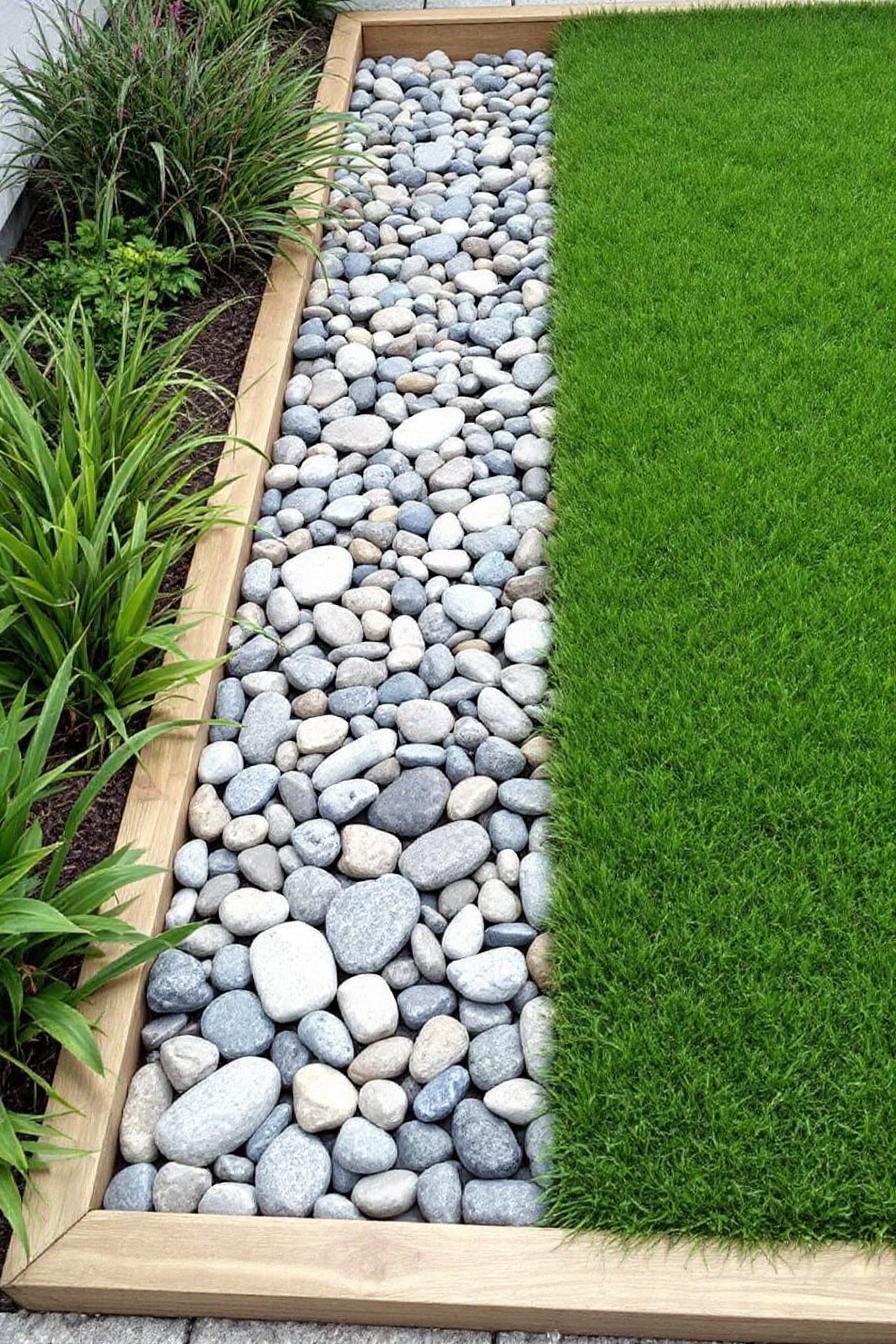 Stones lining a wooden-framed path beside grass and plants