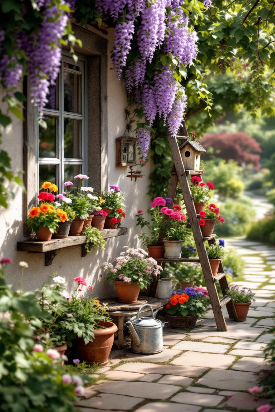 Pots of colorful flowers under cascading purple blooms