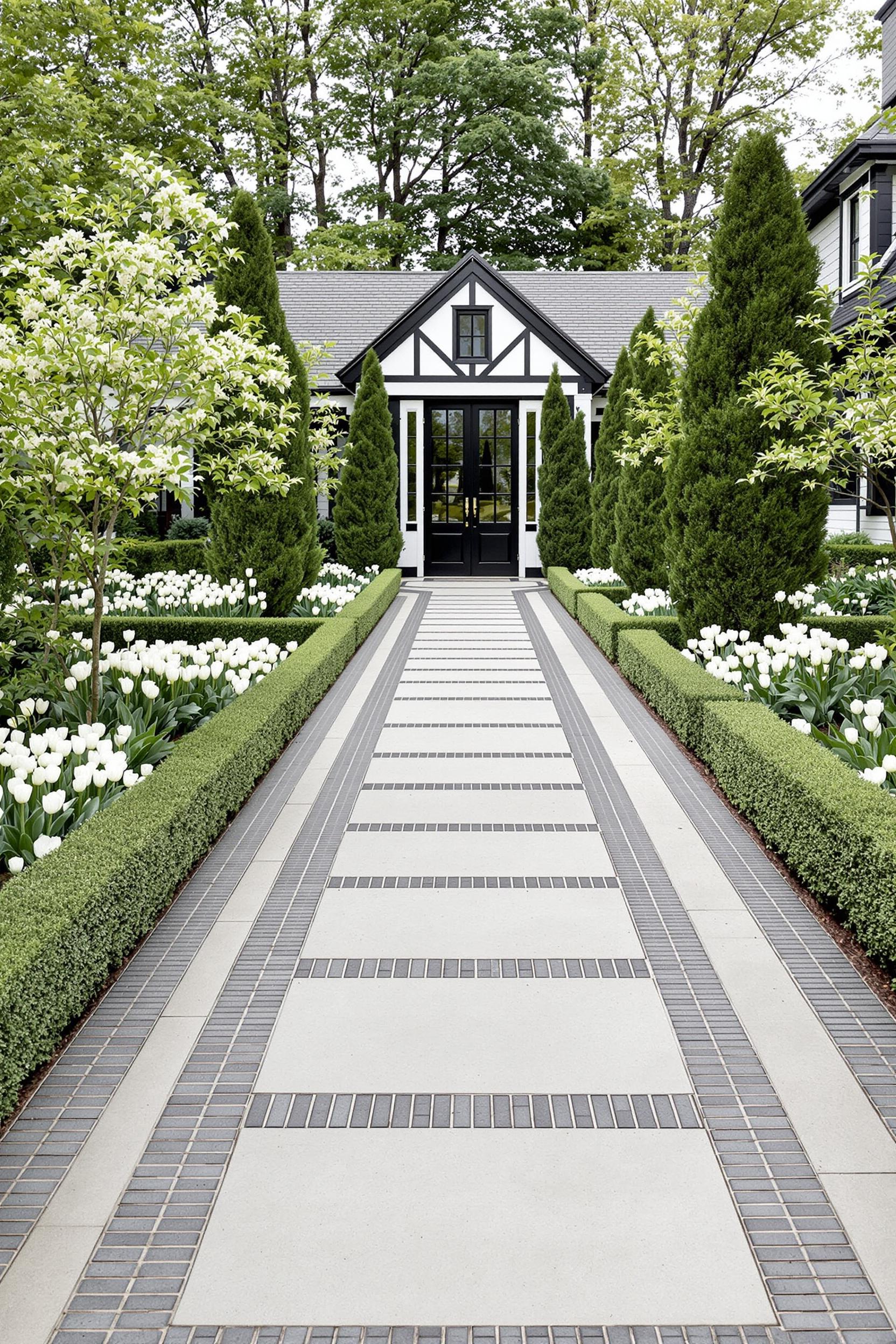 Pathway bordered by greenery leading to a stylish house