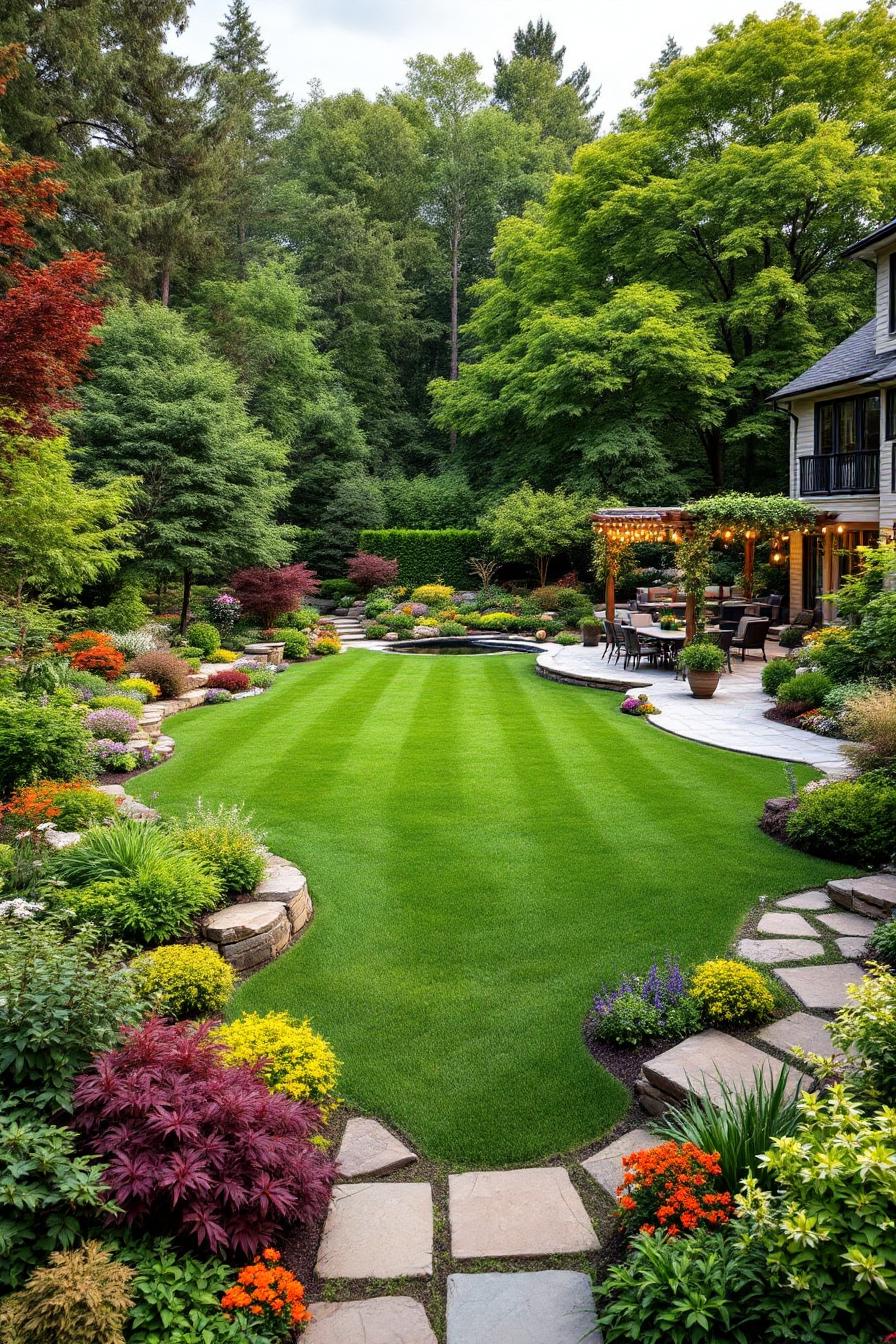 Backyard with lush lawn and colorful borders