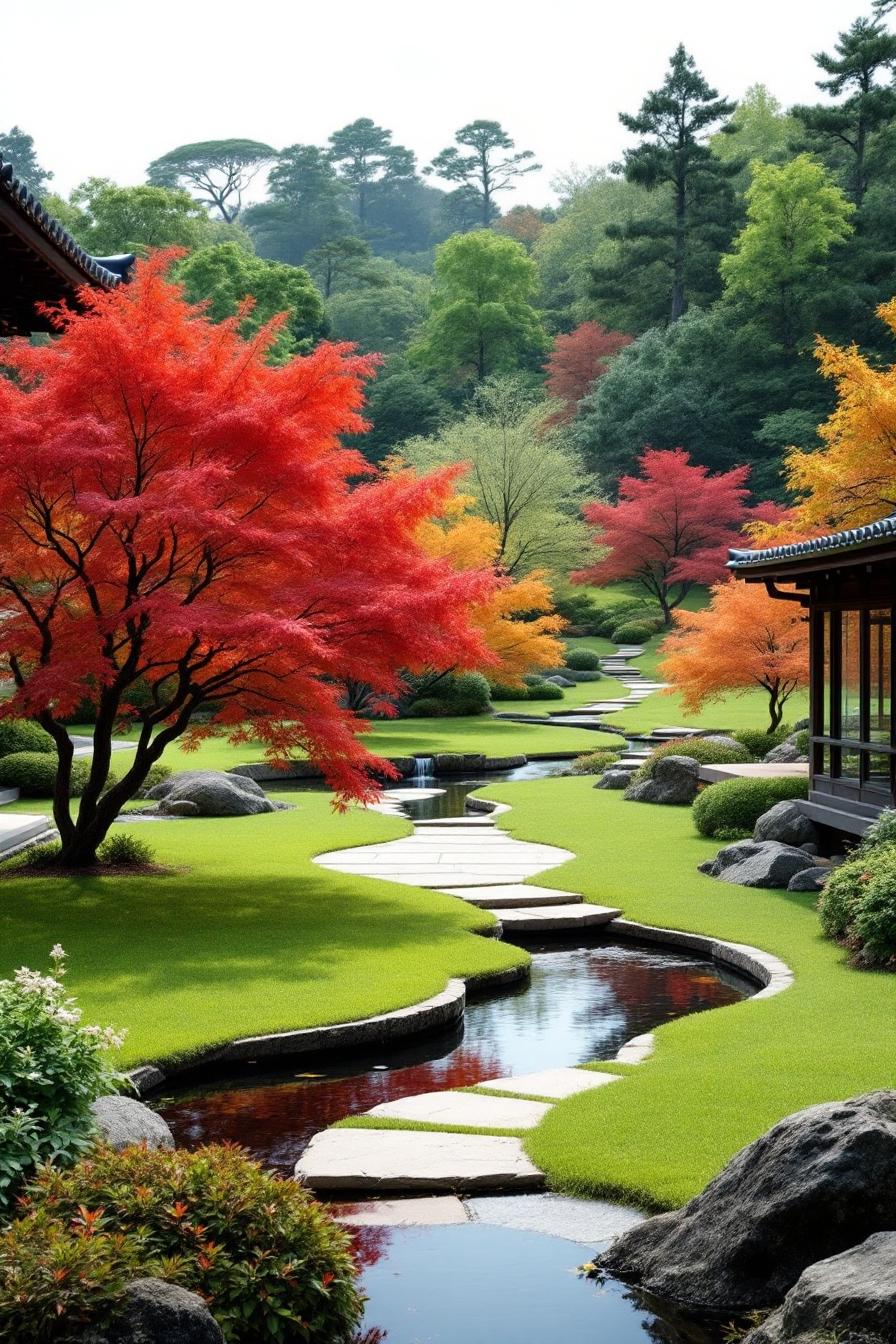 Serene Japanese garden with vibrant maple trees and a winding path