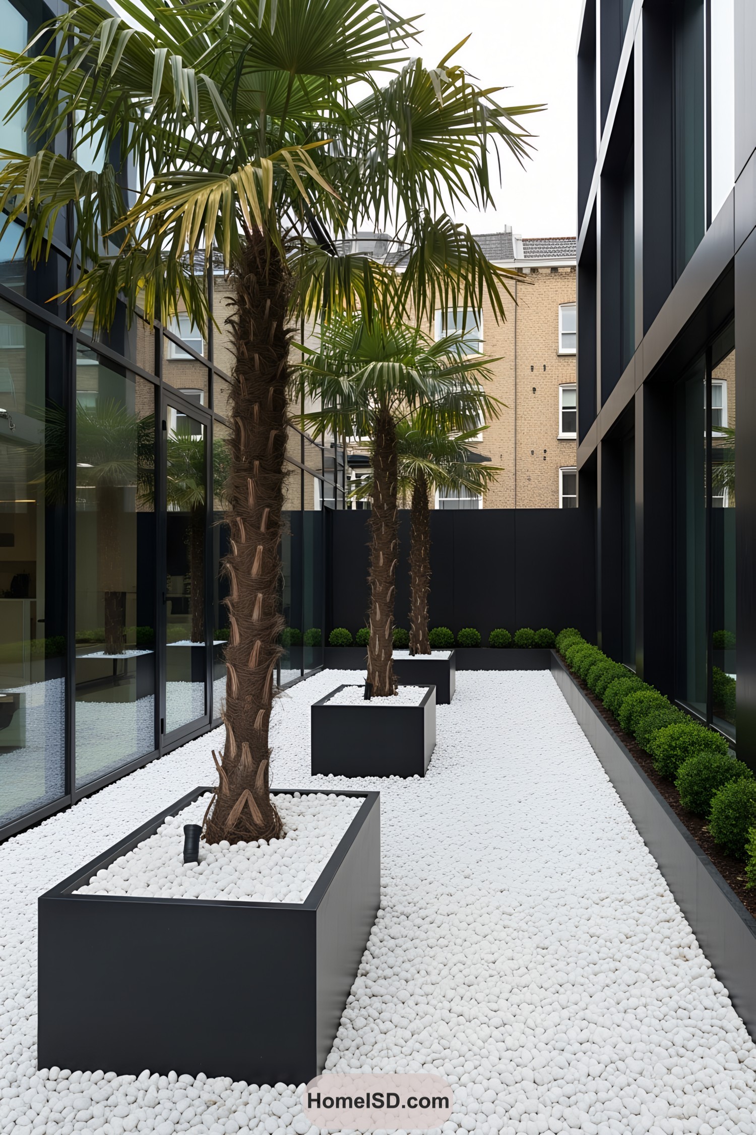 White stones and palm trees in a modern garden