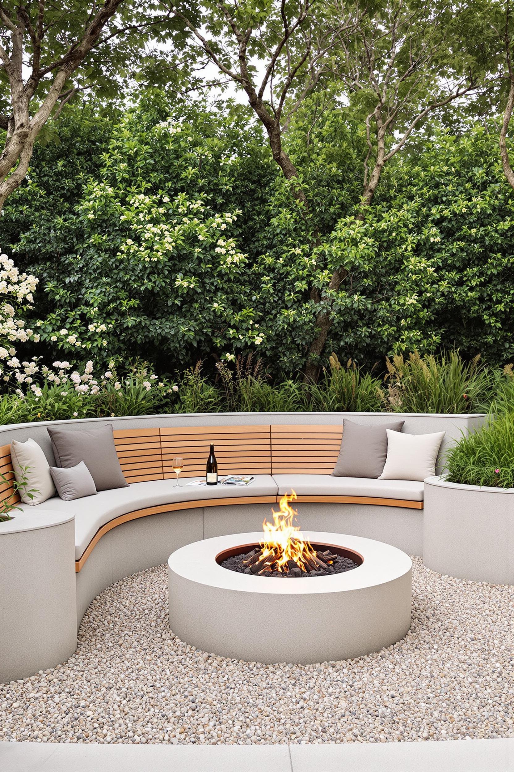 Modern circular fire pit with cozy seating in a lush garden
