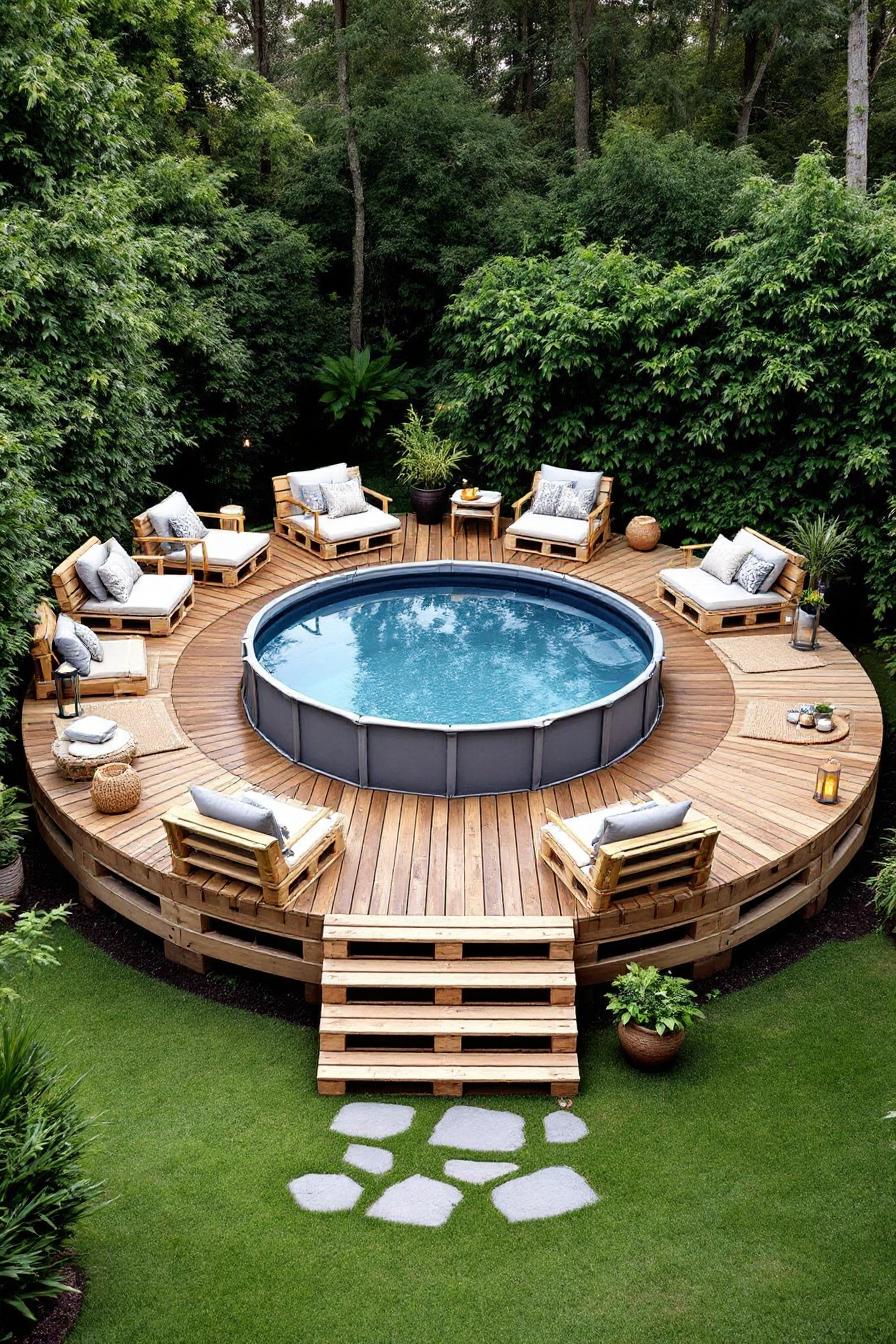 Circular deck with a mini-pool and pallet seating