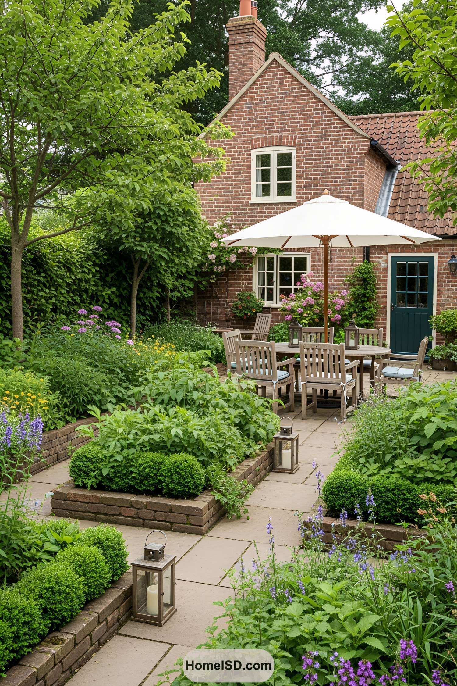 Small garden with colorful flowers and patio set