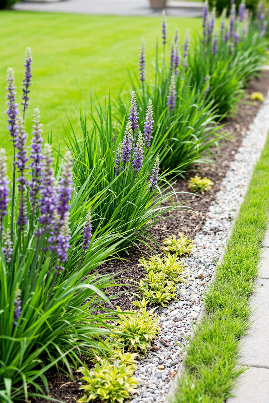 Lush green plants and purple flowers beside a gravel path