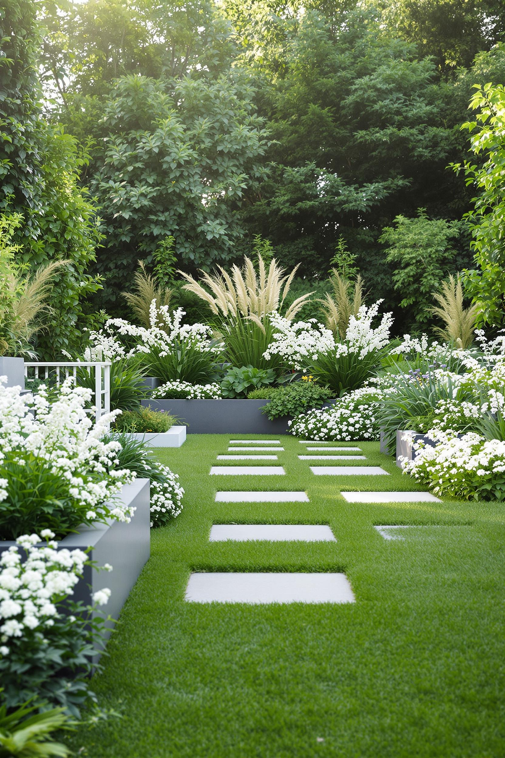 Lush garden with geometric stepping stones and white flowers