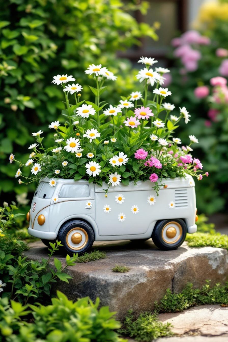 Miniature van planter with daisies on a rock