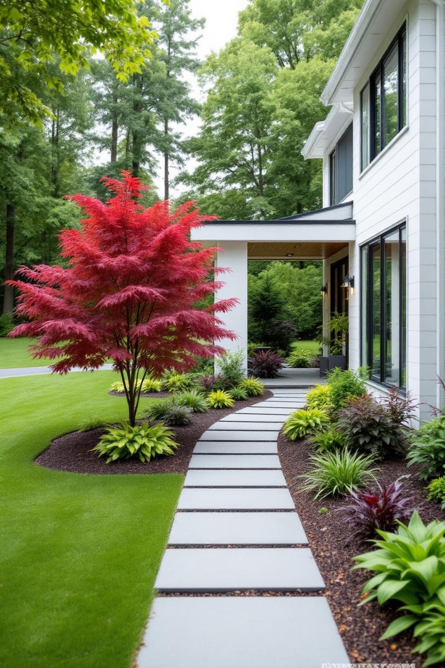 Vibrant red maple tree beside a modern house walkway