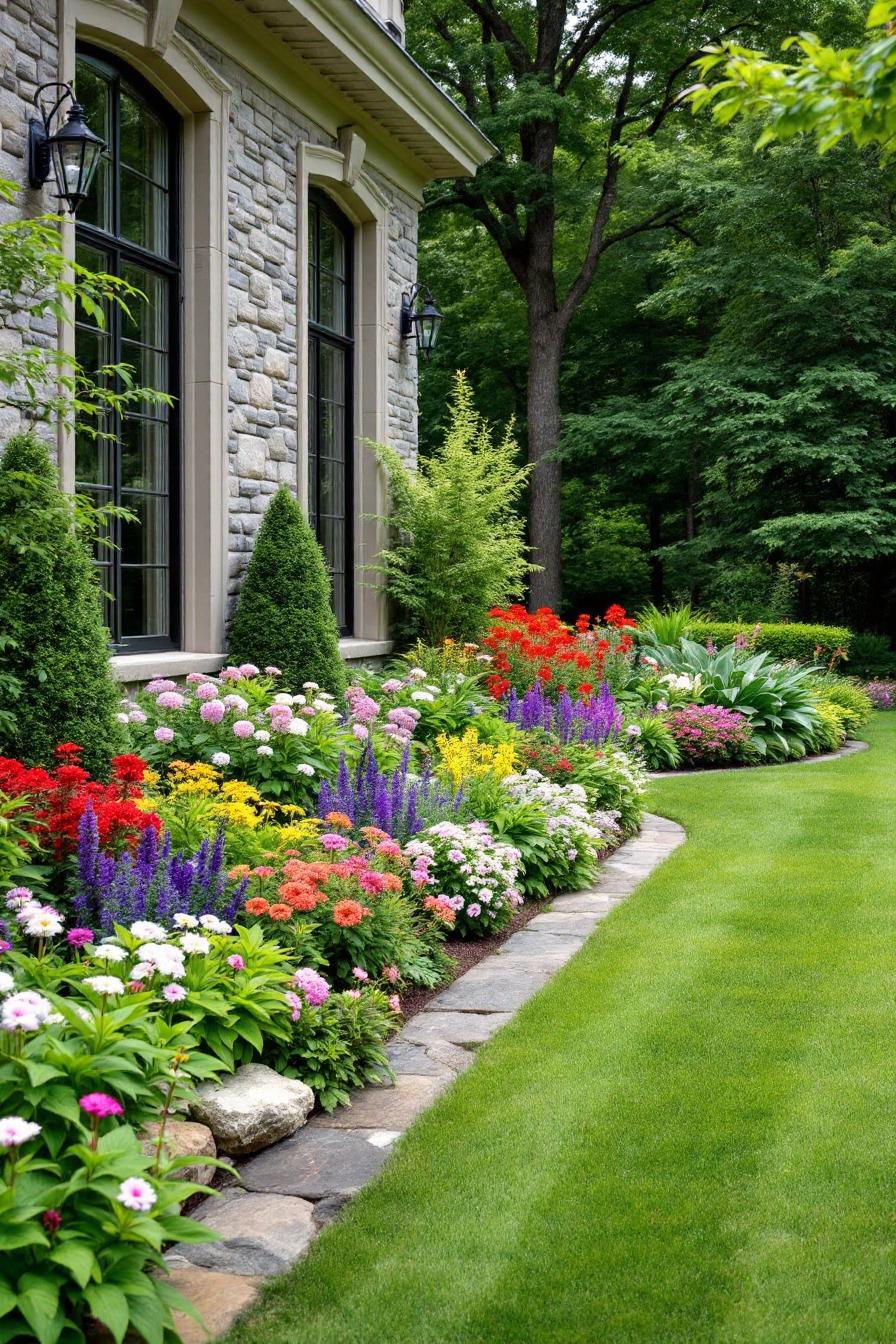 Vibrant garden with diverse flowers and stone edging