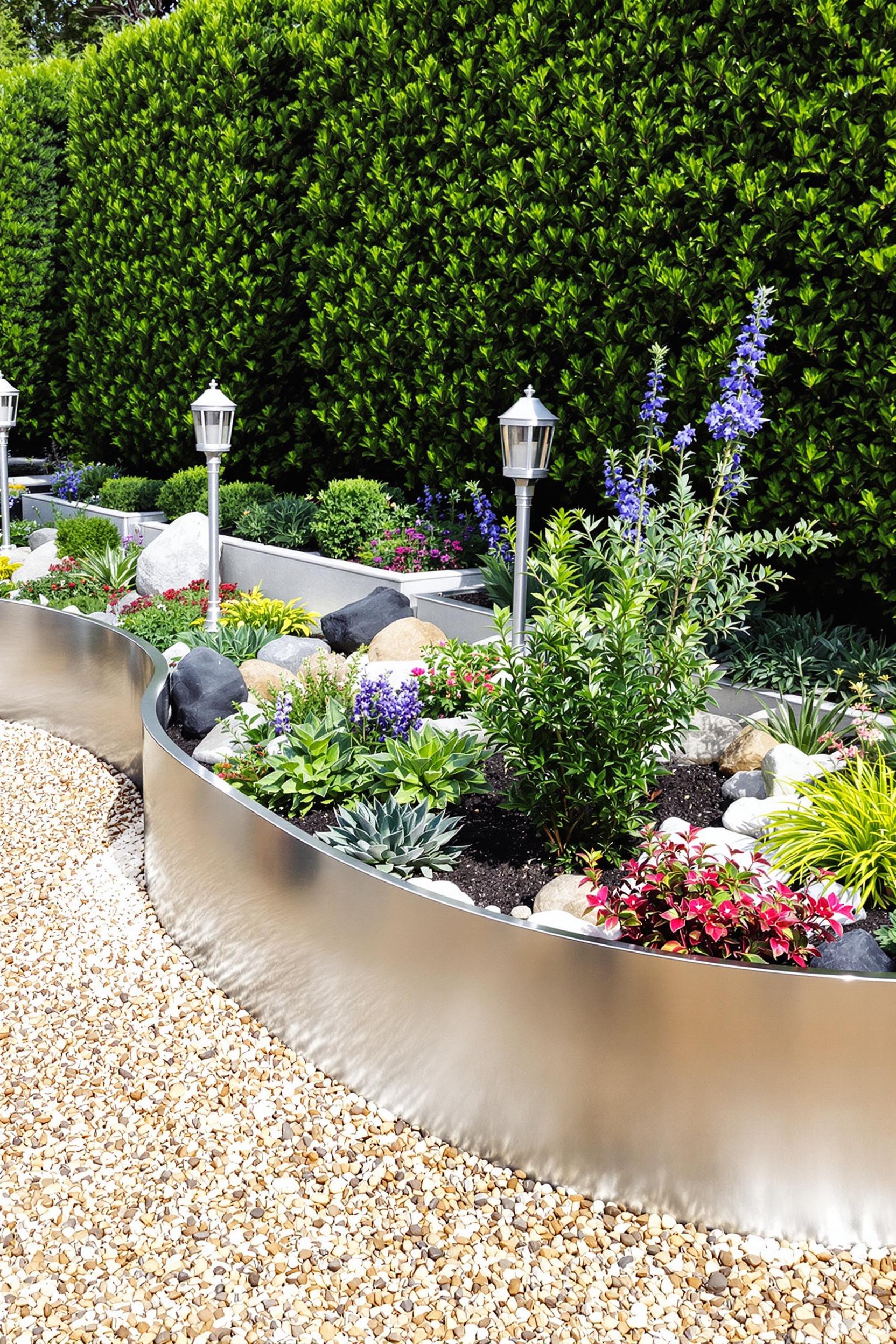 Modern garden bed with metallic edging and vibrant plants