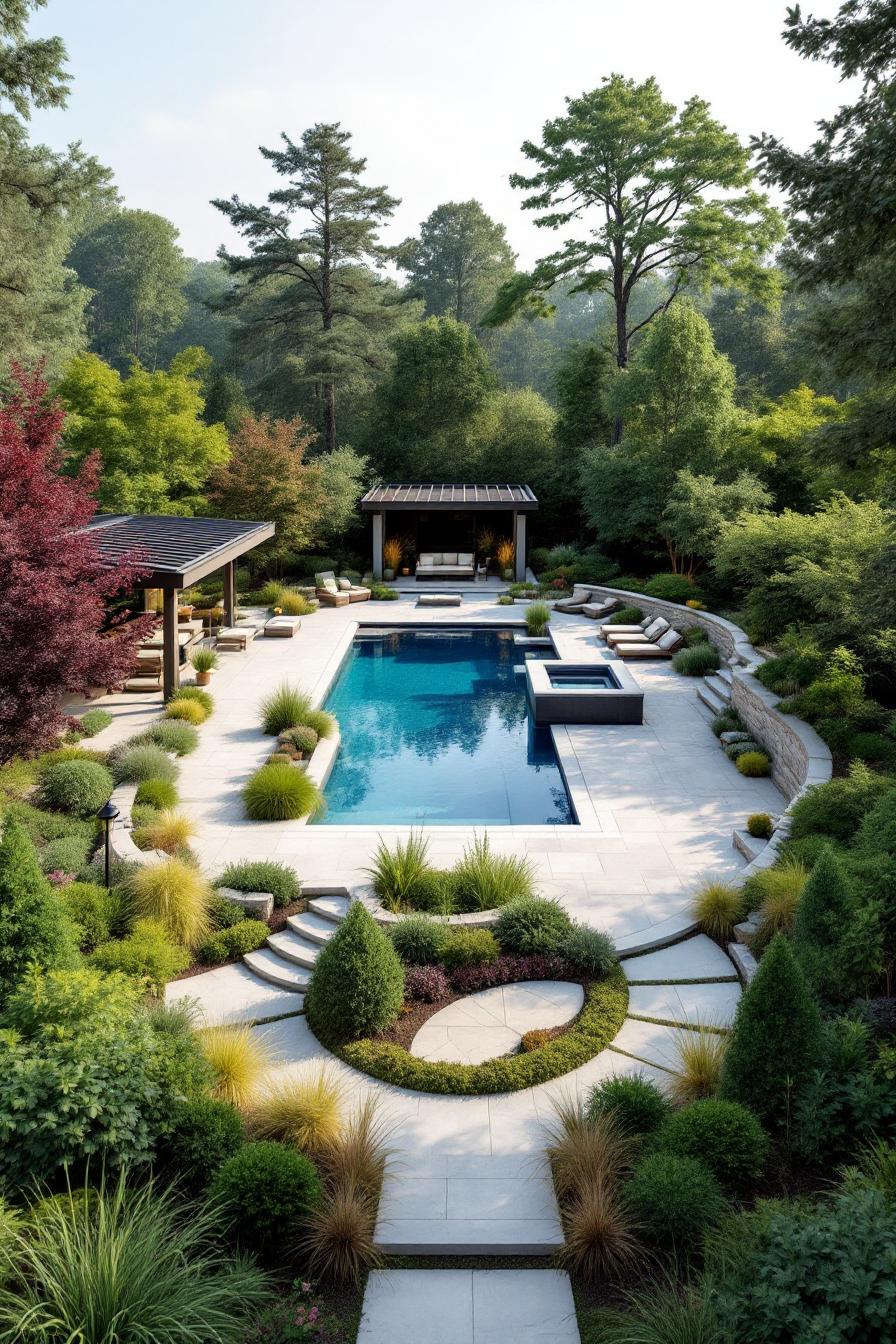 A backyard featuring a stylish pool surrounded by lush greenery