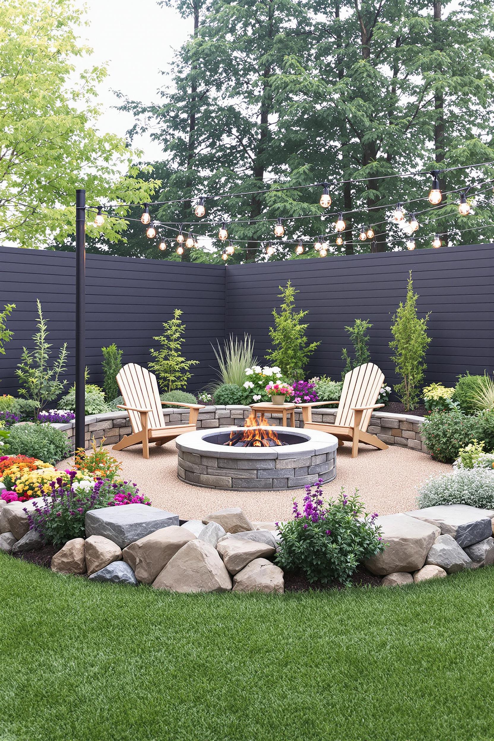 Fire pit with garden seating and string lights