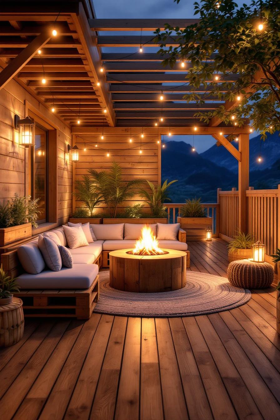 Pallet wood deck with string lights and fire pit