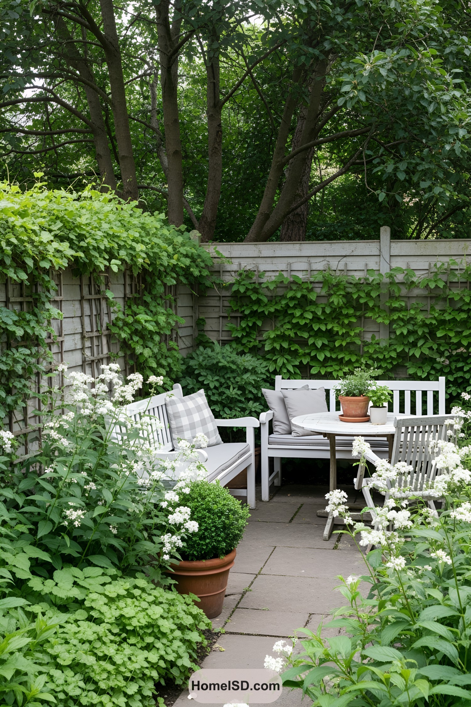 Cozy garden corner with white benches and lush greenery