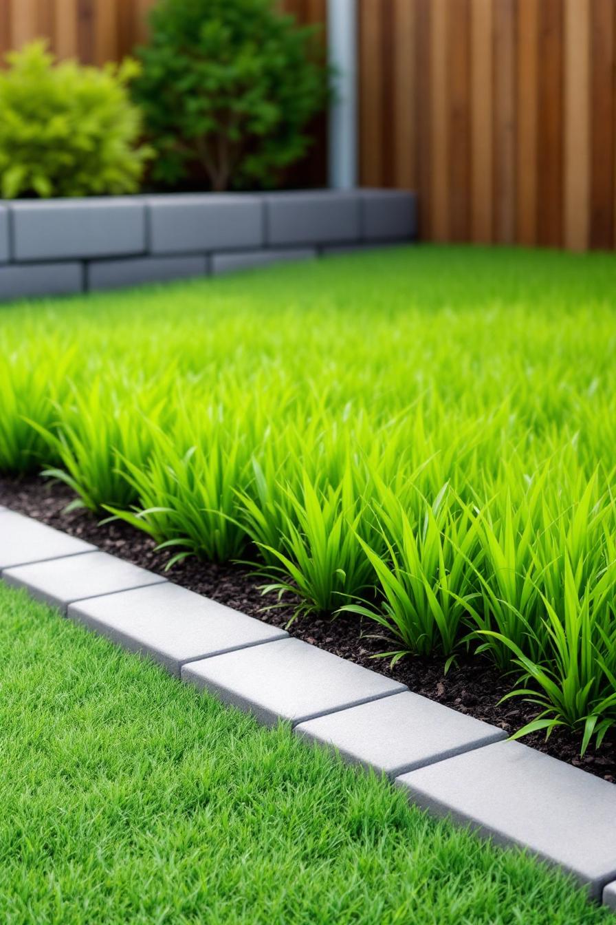 Lawn with modern concrete edging and vibrant greenery