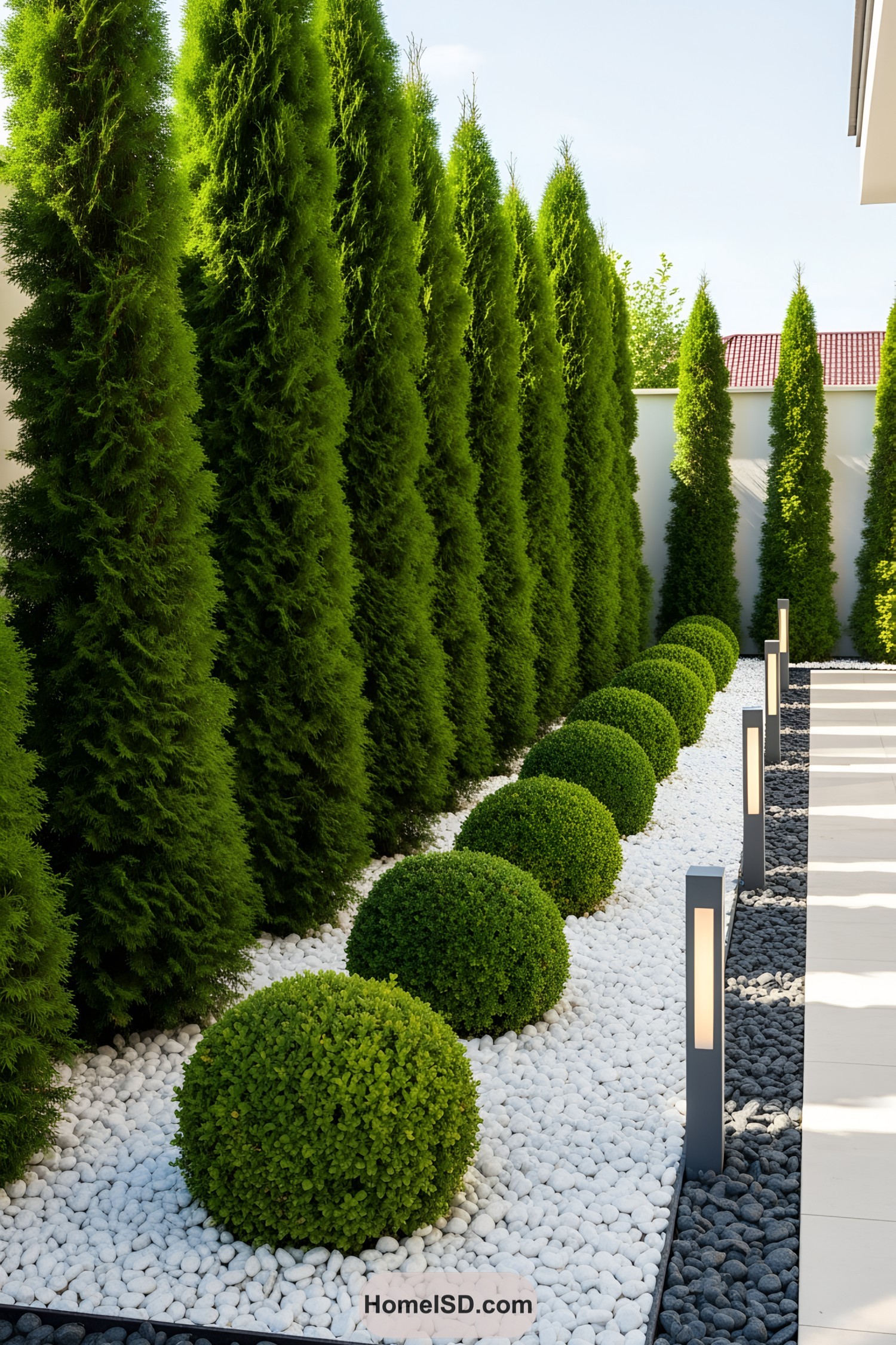 Neatly arranged garden with white stones and lush greenery