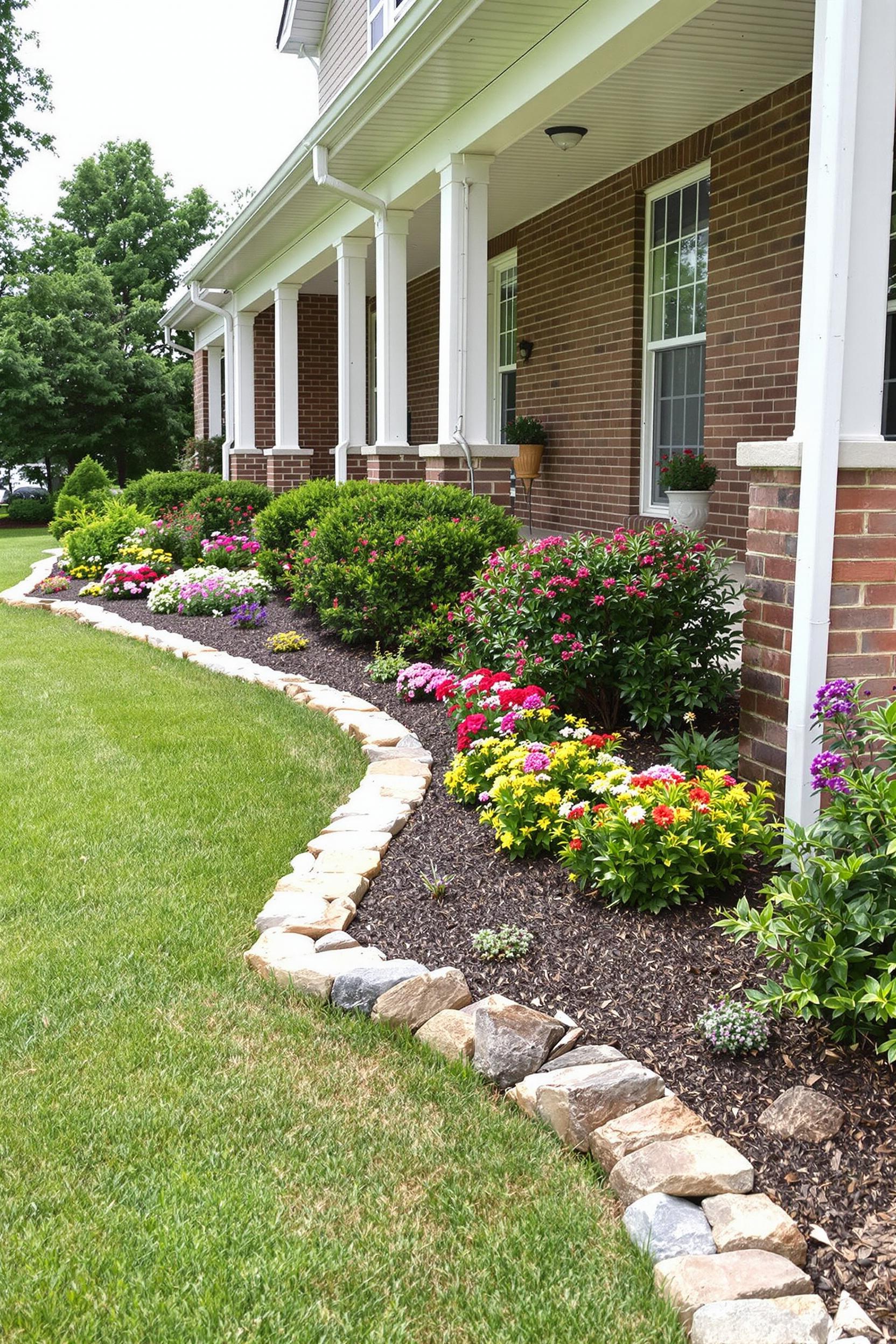 Colorful garden bed with stone edging and vibrant flowers