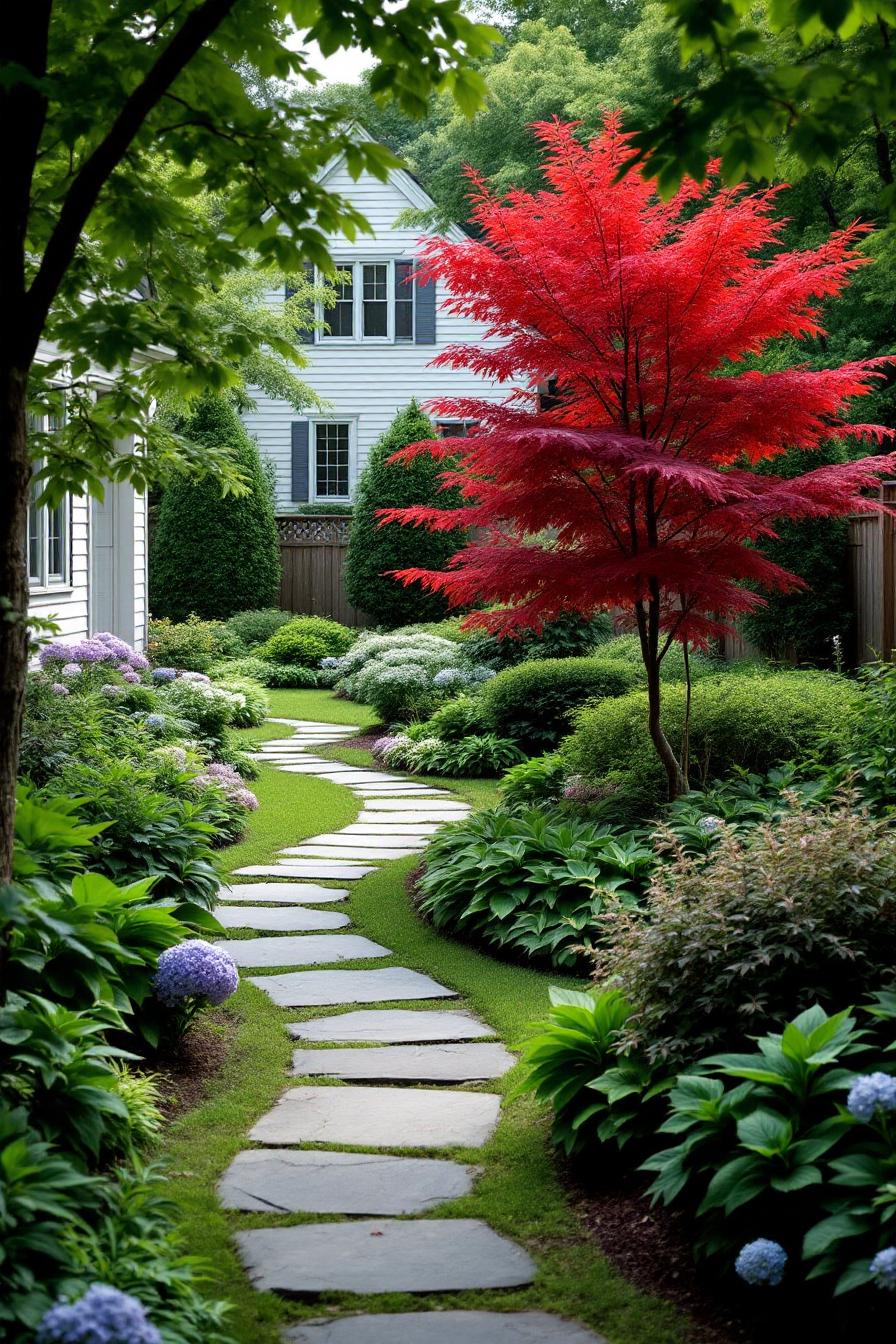 Pathway through lush garden with a striking red maple