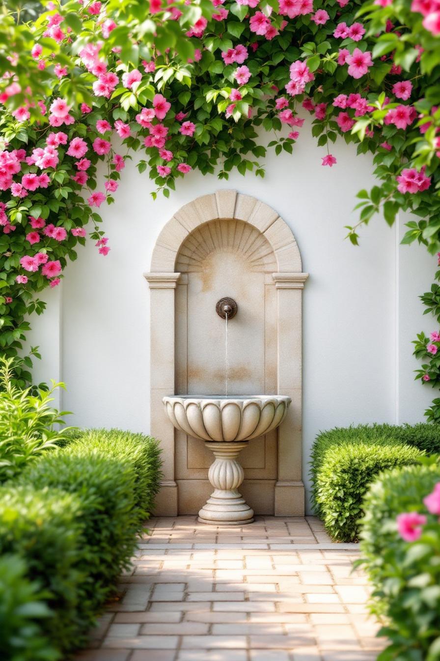 Charming wall fountain draped with pink flowers