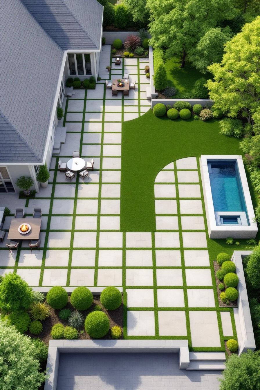 Geometric backyard with seating areas and pool