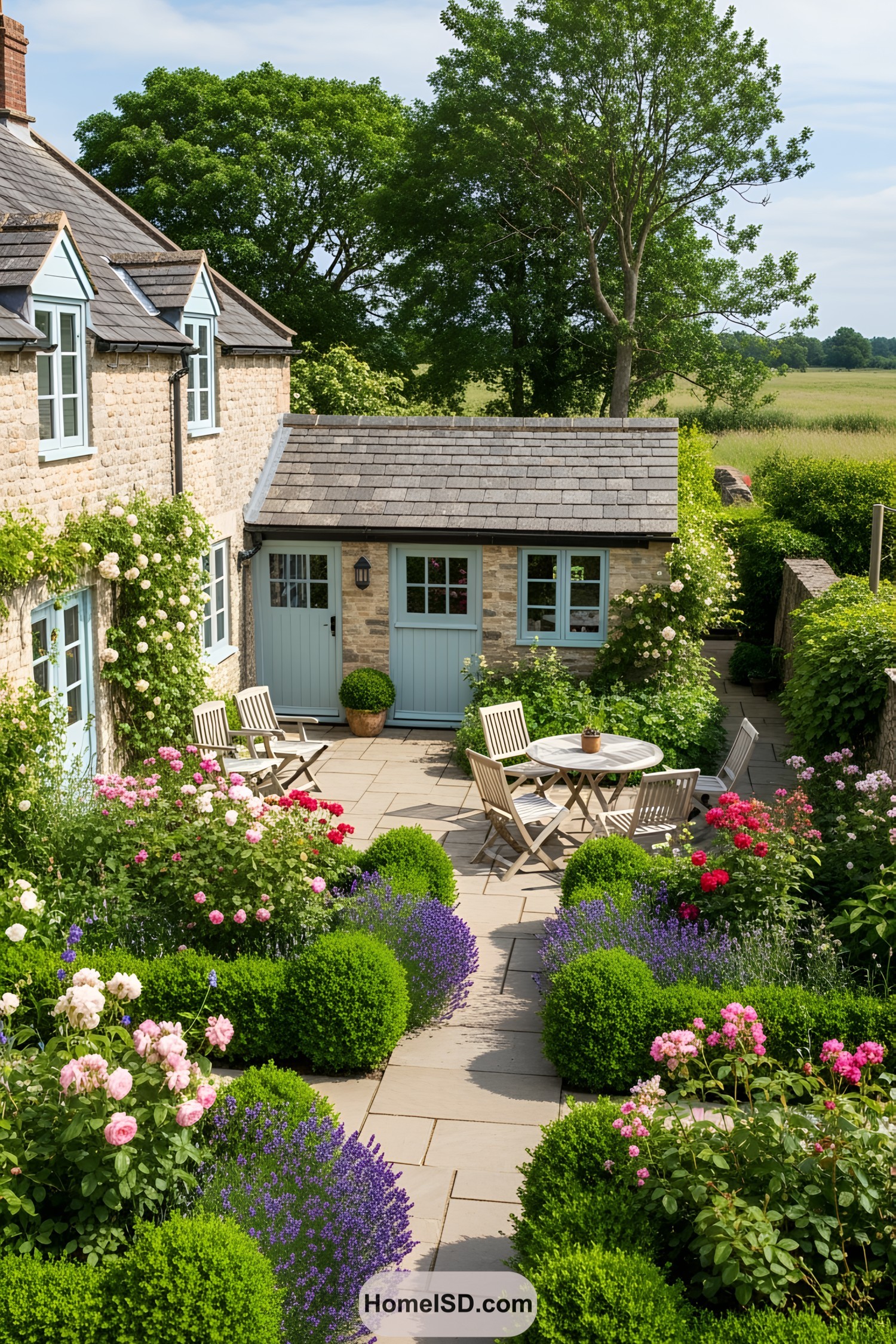 Cottage garden with colorful flowers and wooden furniture