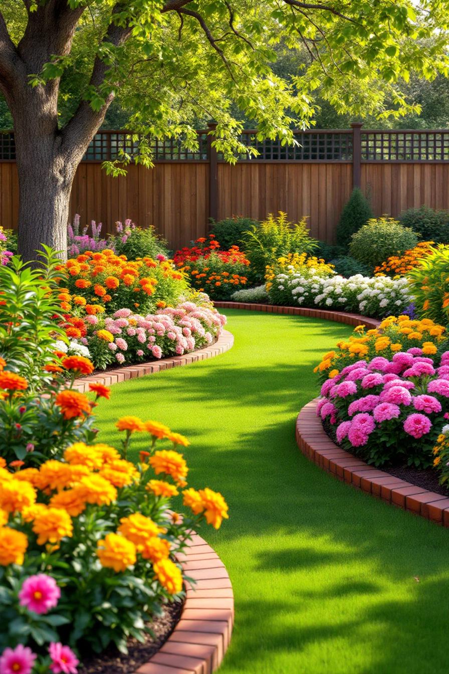 Curved pathway bordered by vibrant flowers and trees