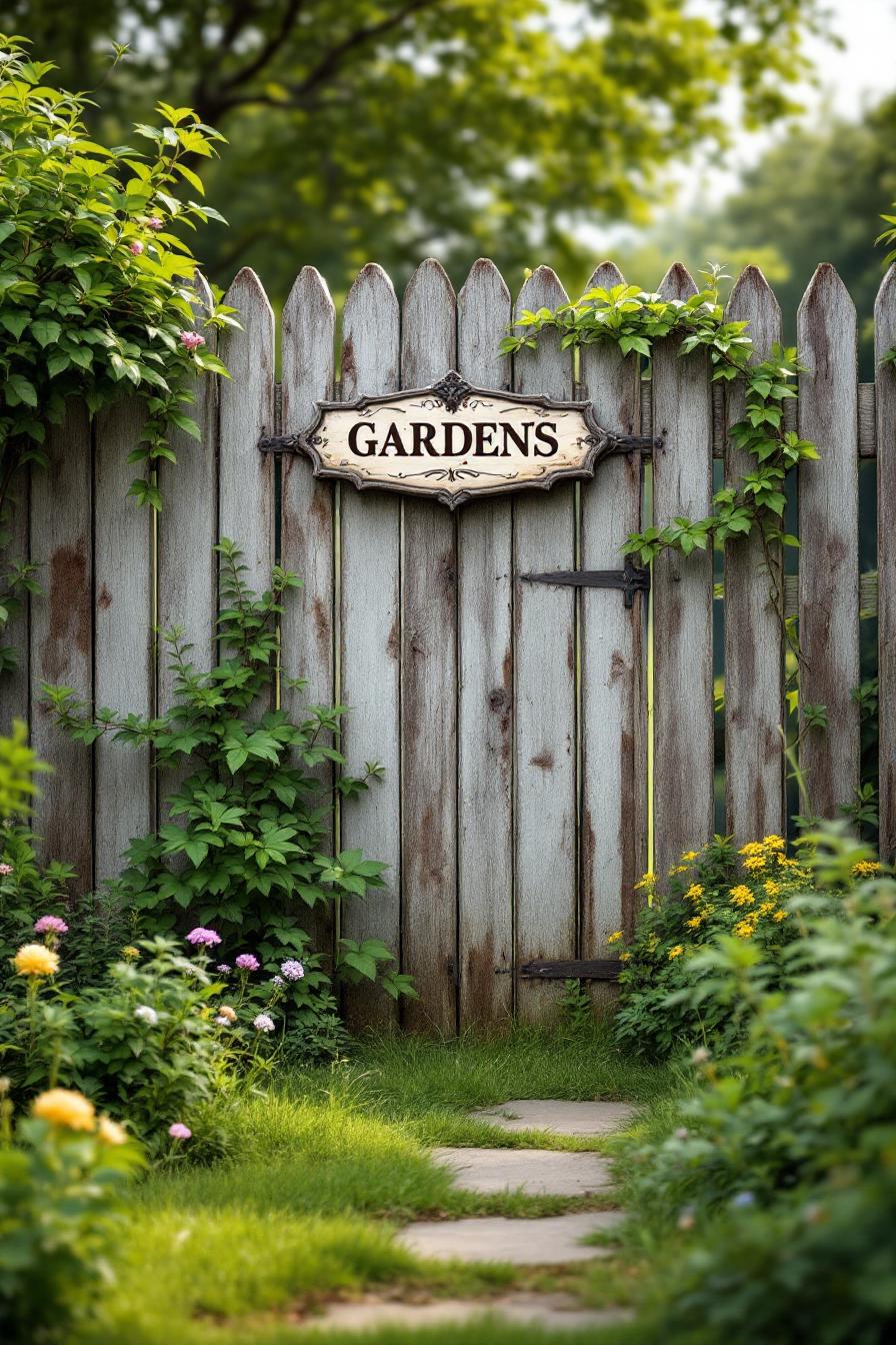 Rustic wooden gate adorned with lush greenery