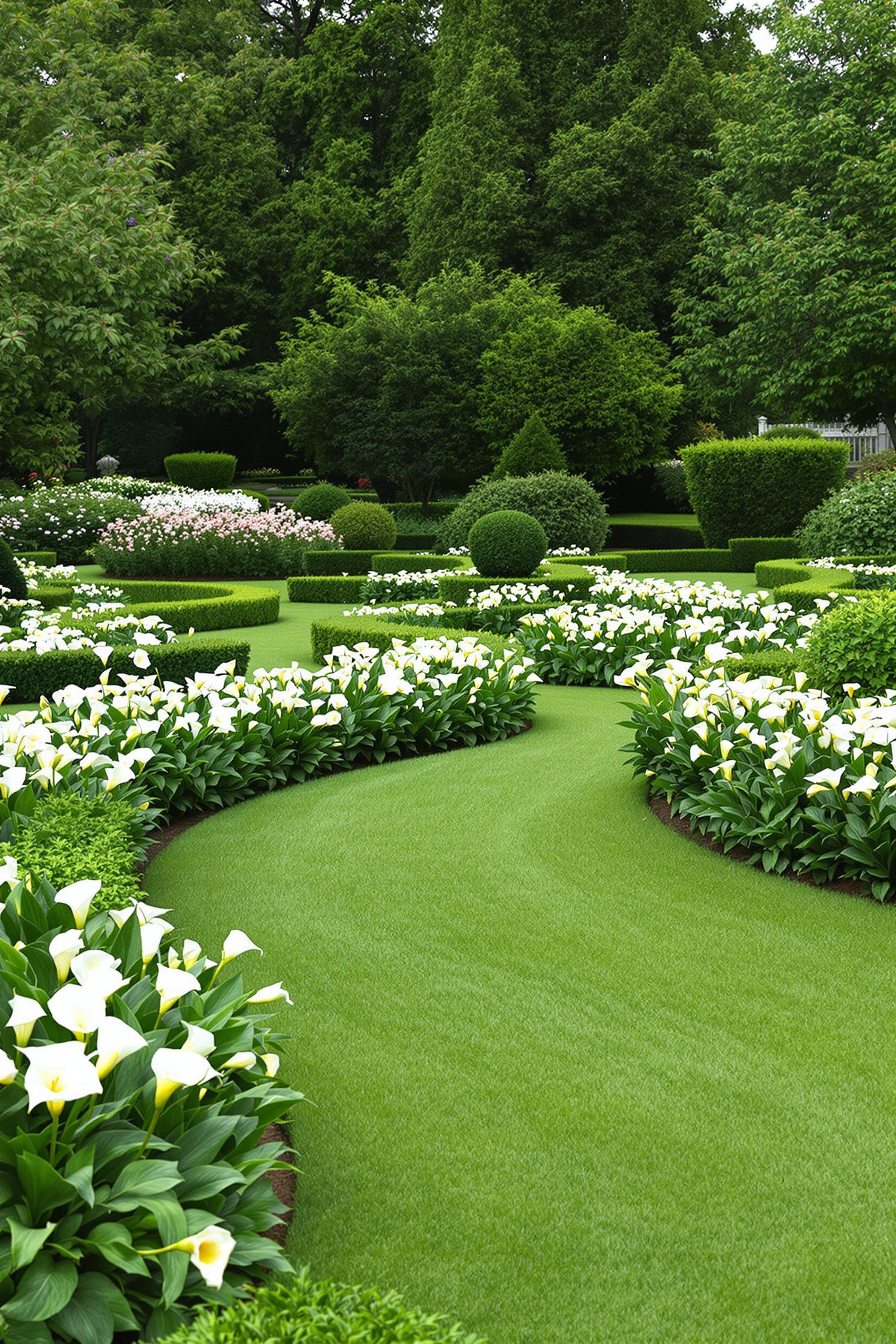 Curved green lawn bordered by white flowers