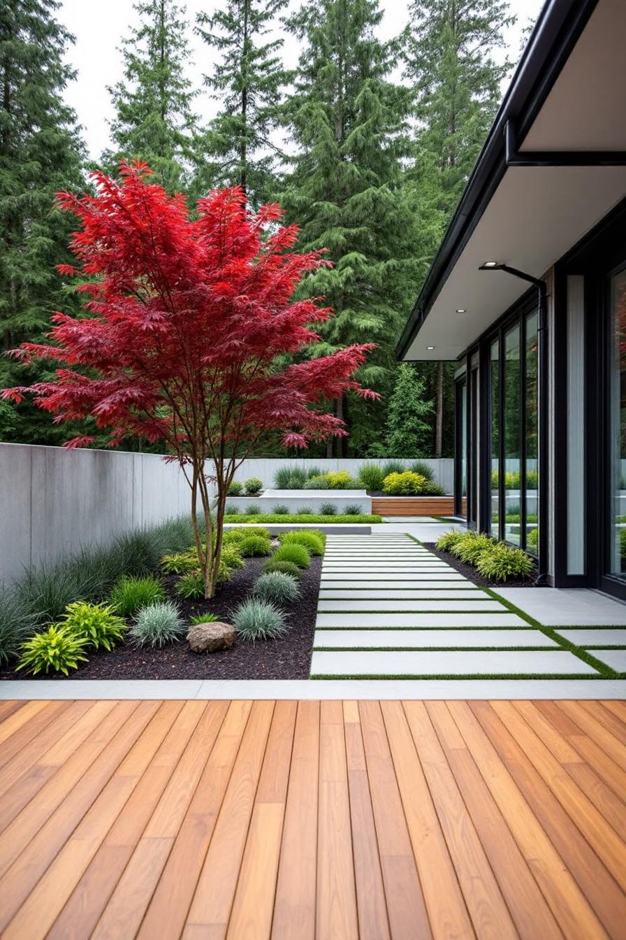 Japanese maple tree with red leaves in a modern garden setting