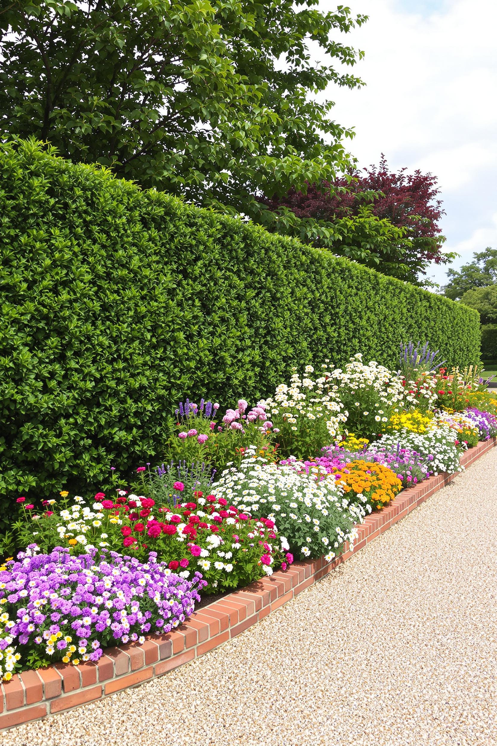 Colorful flowers lined by neat bricks