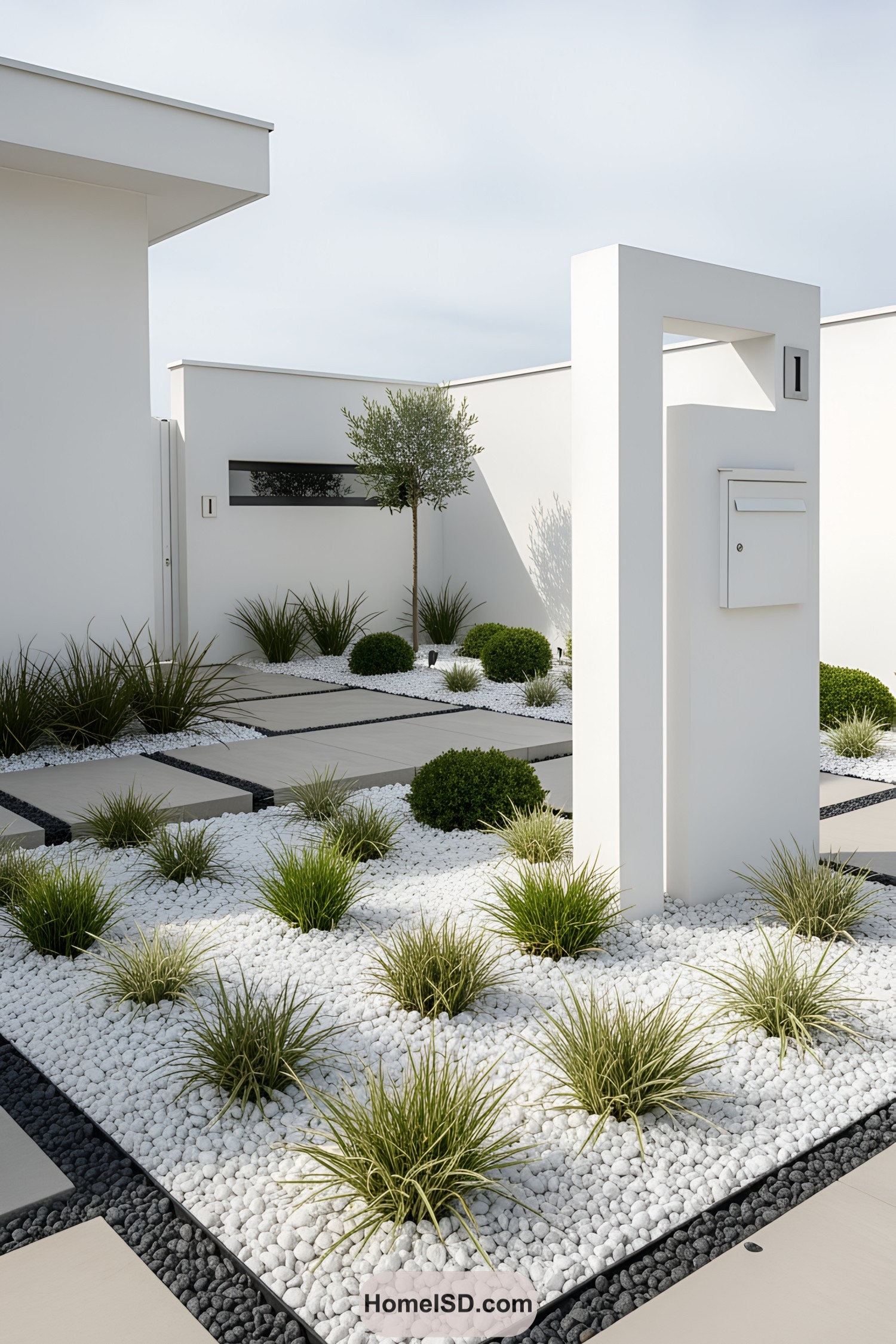 Contemporary garden with white stones and greenery
