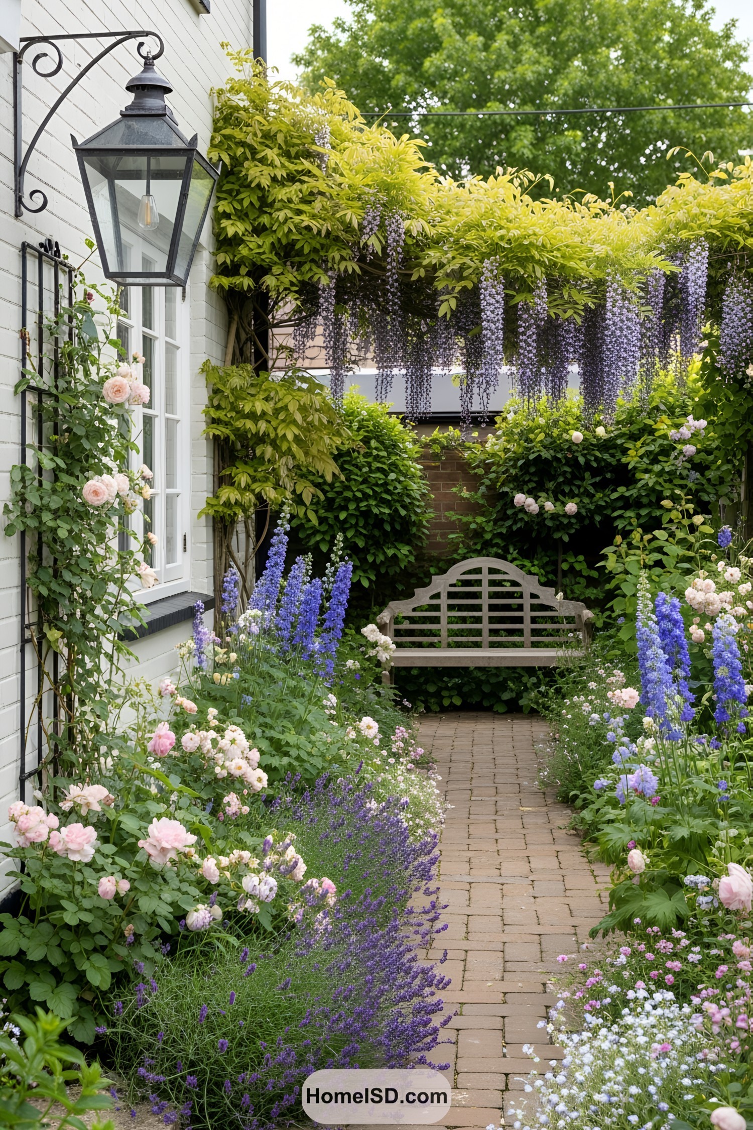 Brick path through garden with flowers and a bench