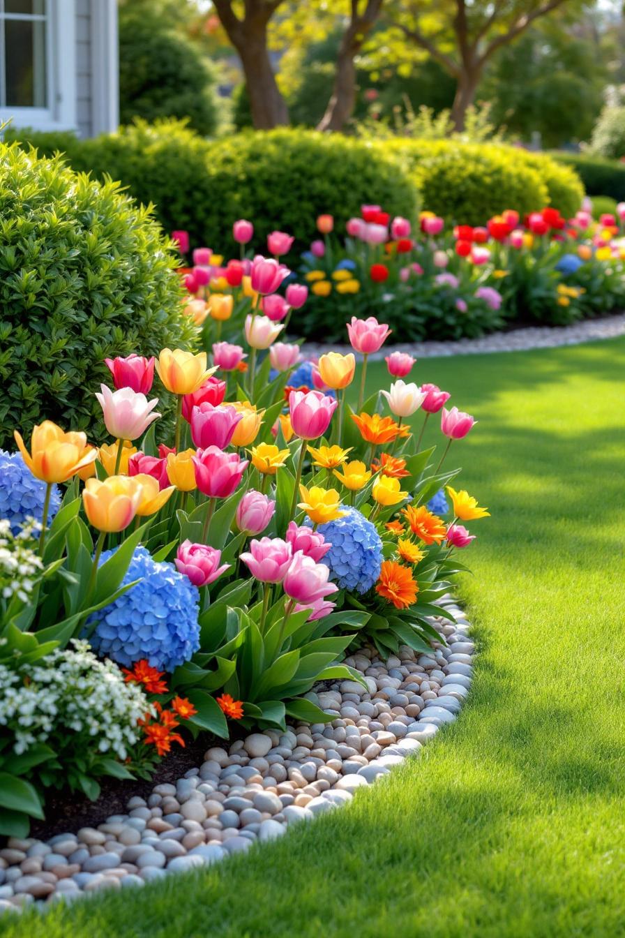 Vibrant garden bed with stones and colorful flowers