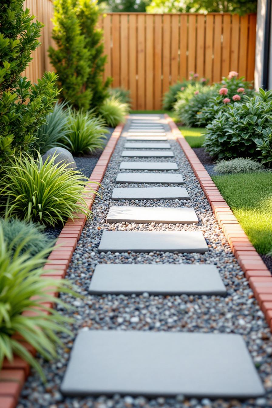 Garden pathway with stone slabs and colorful plants