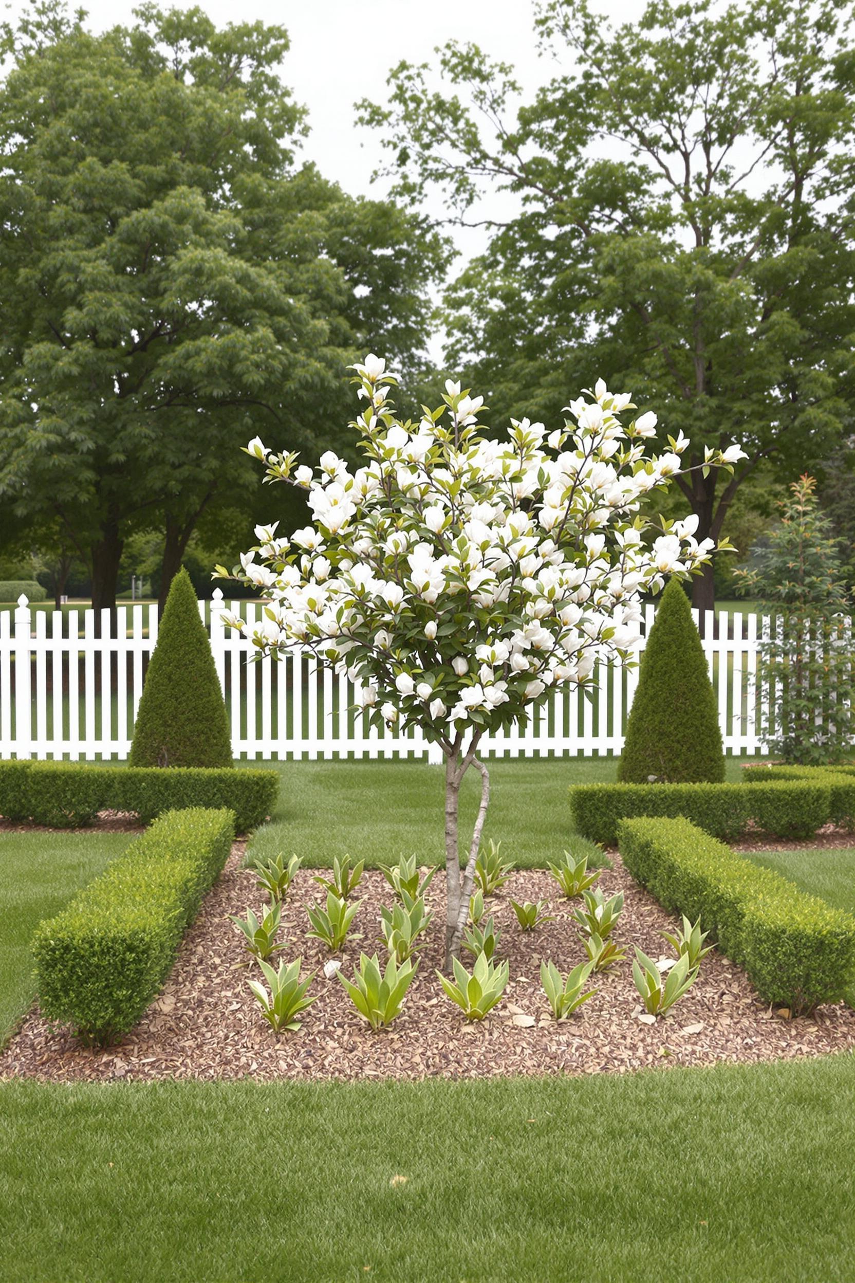 White blossom tree with green shrubs and neat hedges