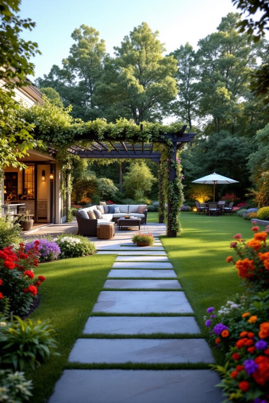 Backyard patio with stone path and pergola