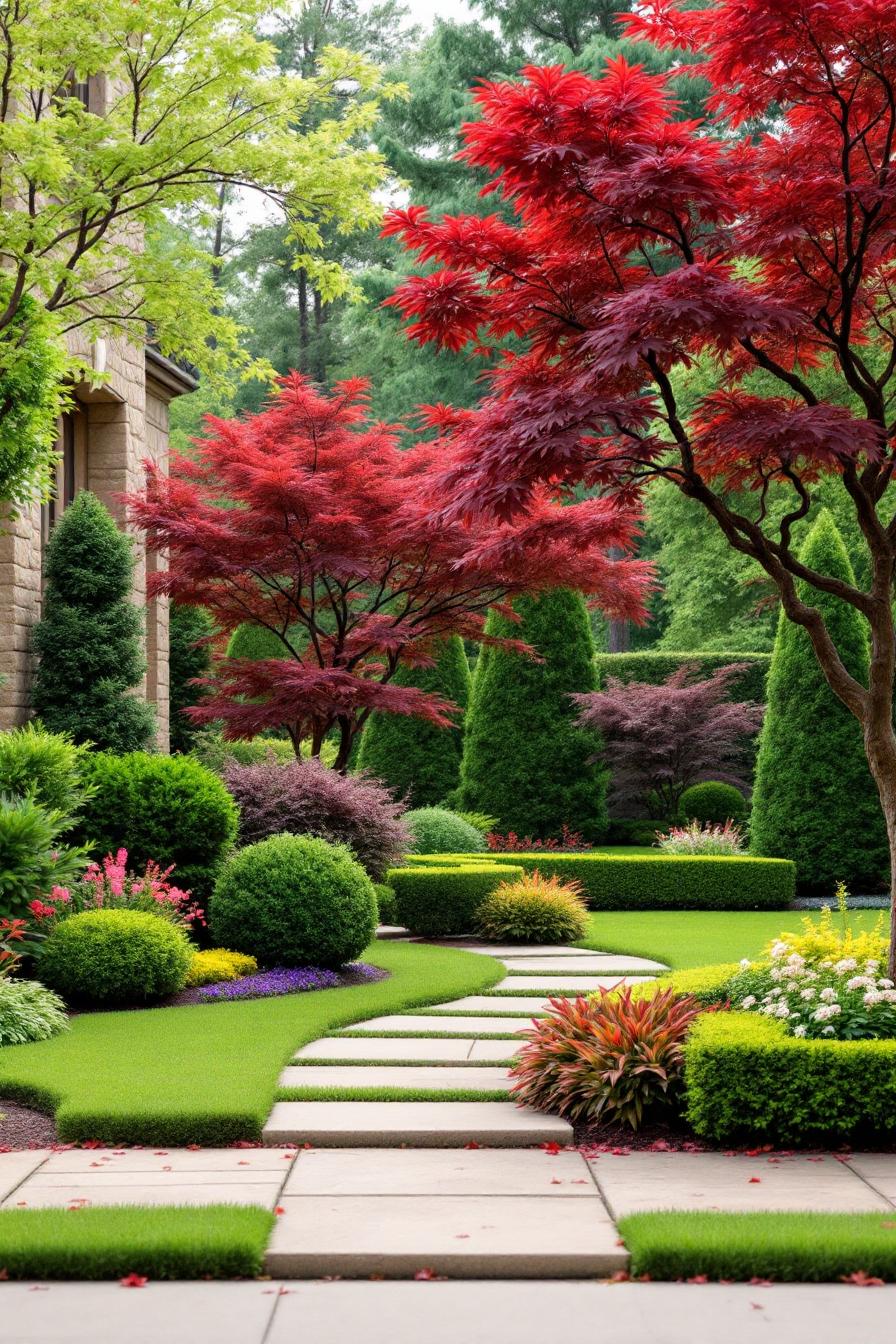 Japanese maple trees with vibrant red foliage in a landscaped garden