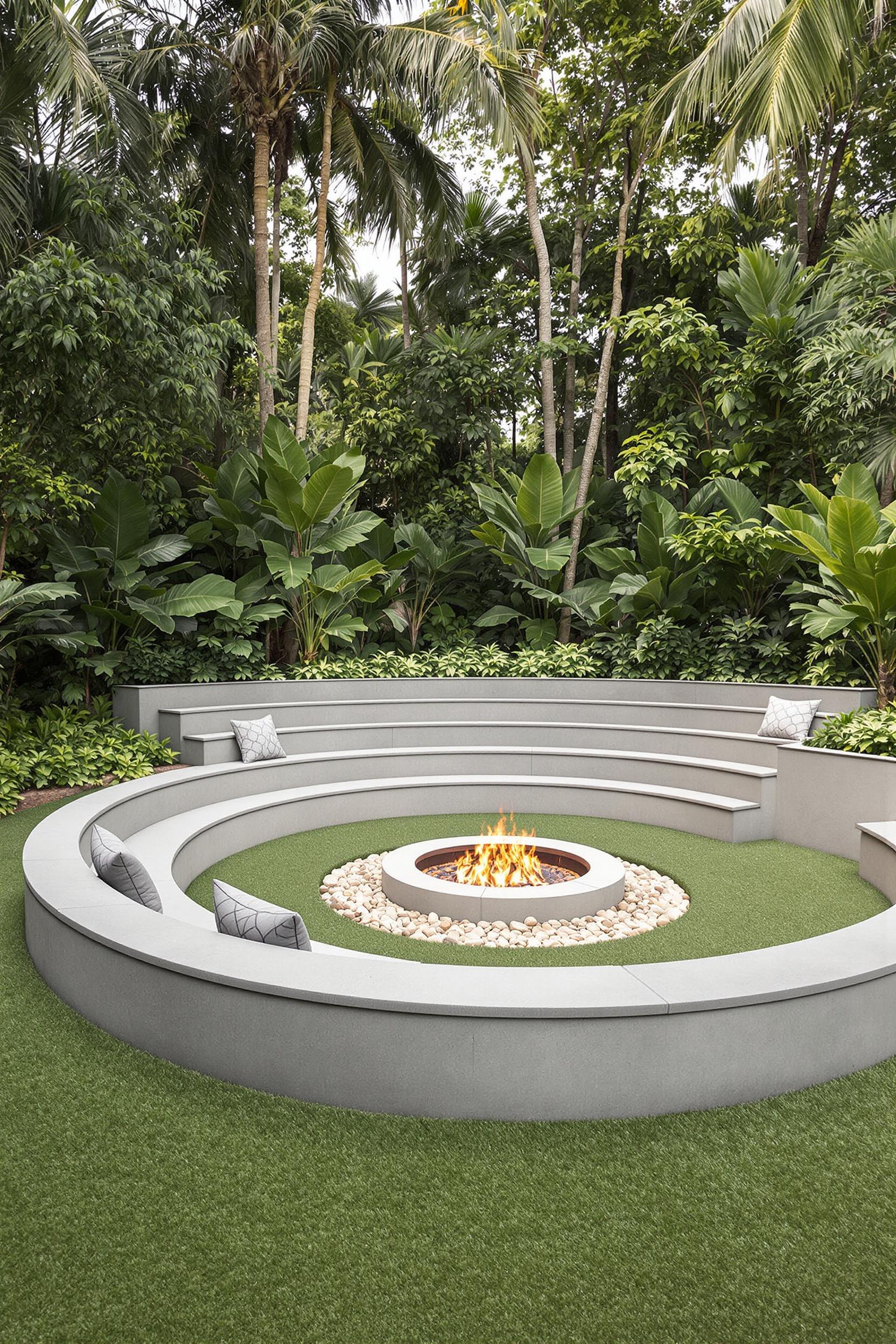 Modern outdoor fire pit with circular seating in a lush garden