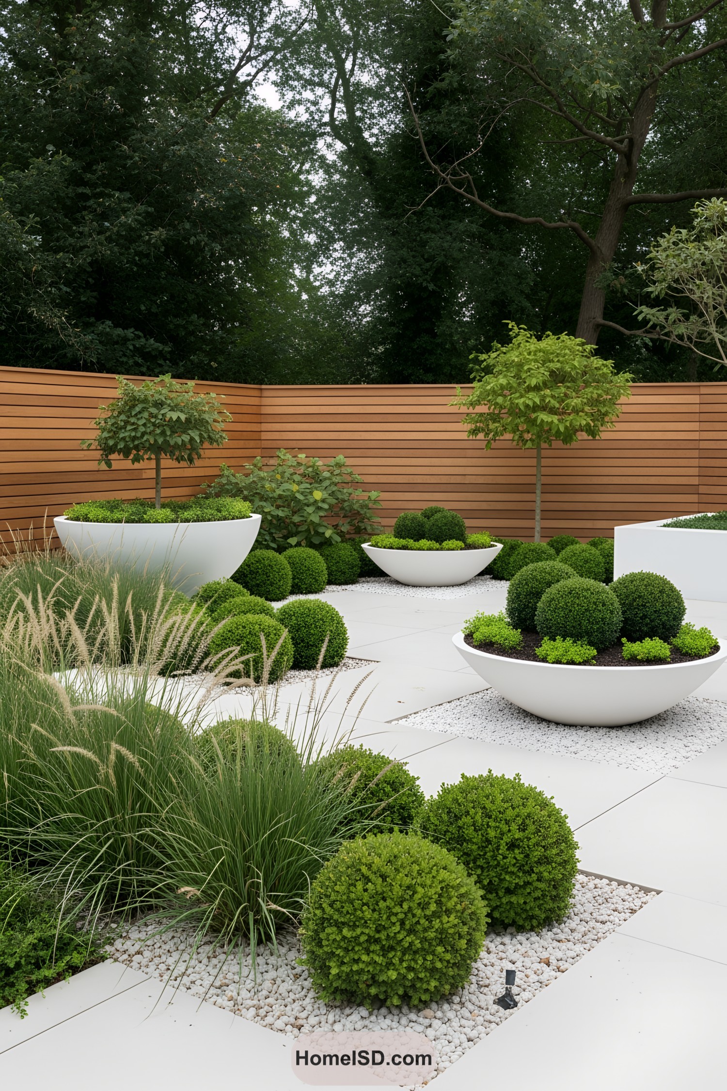 Minimalist garden with white stones and lush greenery