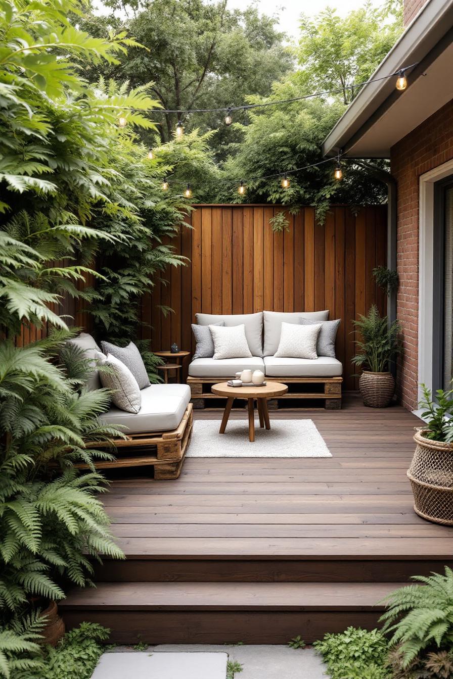 Cozy seating area on a wooden patio surrounded by lush greenery