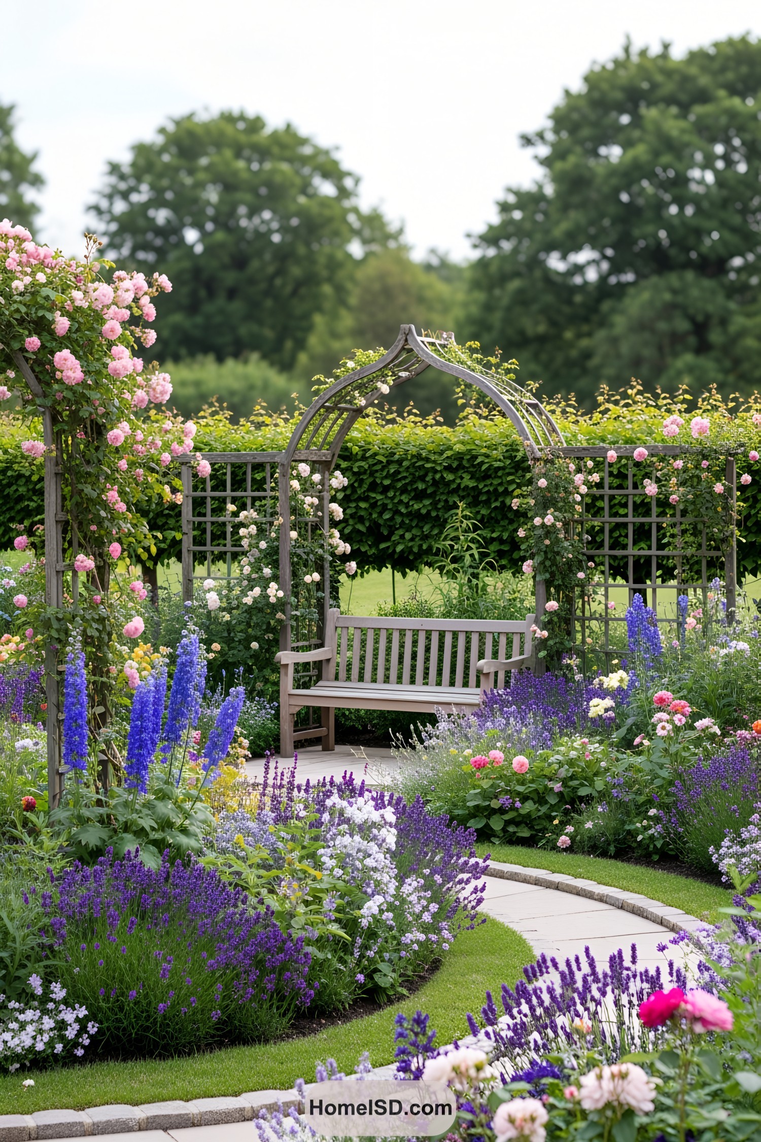 Lush garden with colorful flowers and wooden bench under an arch