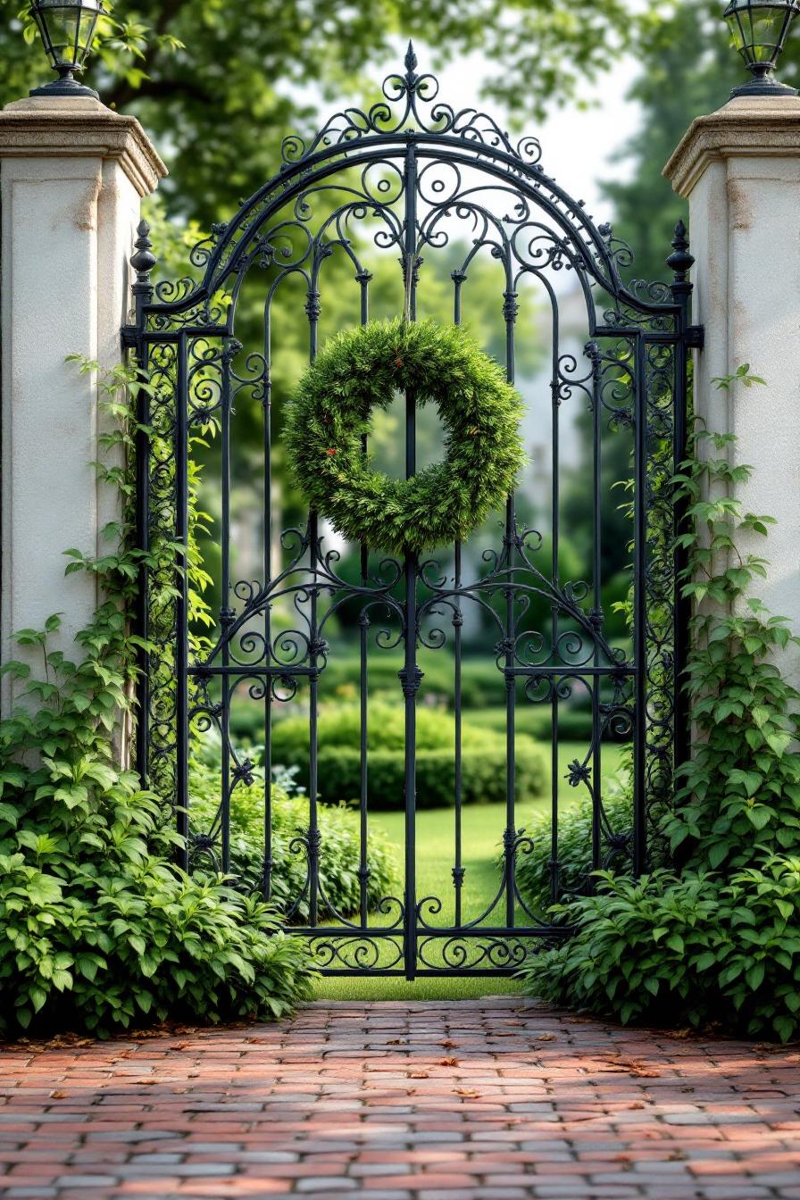 Ornate metal garden gate adorned with a wreath